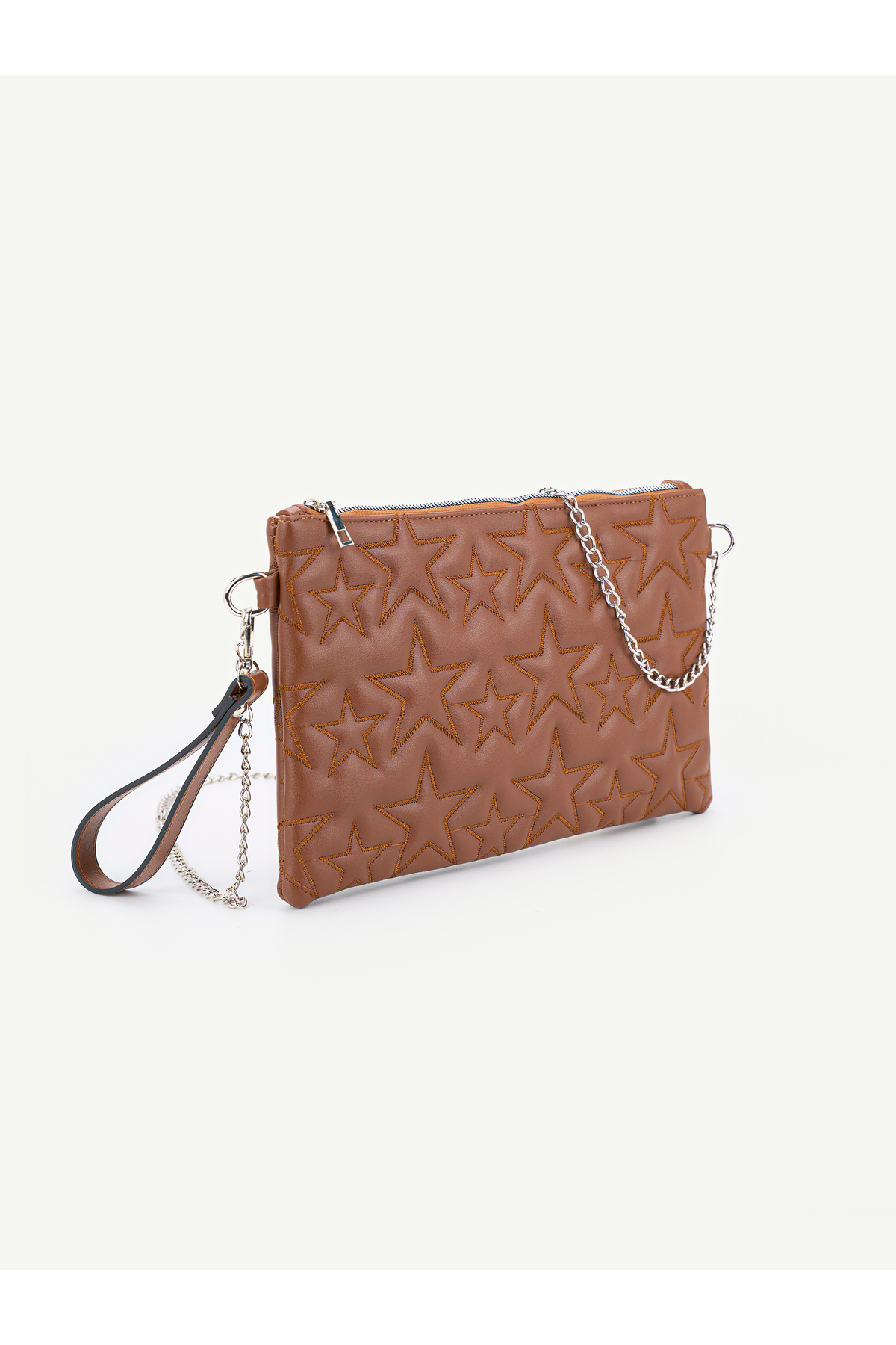 Kadın Yıldız Nakış İşlemeli Portföy El Çantası Bilek Askılı Saten Astarlı Clutch Çanta