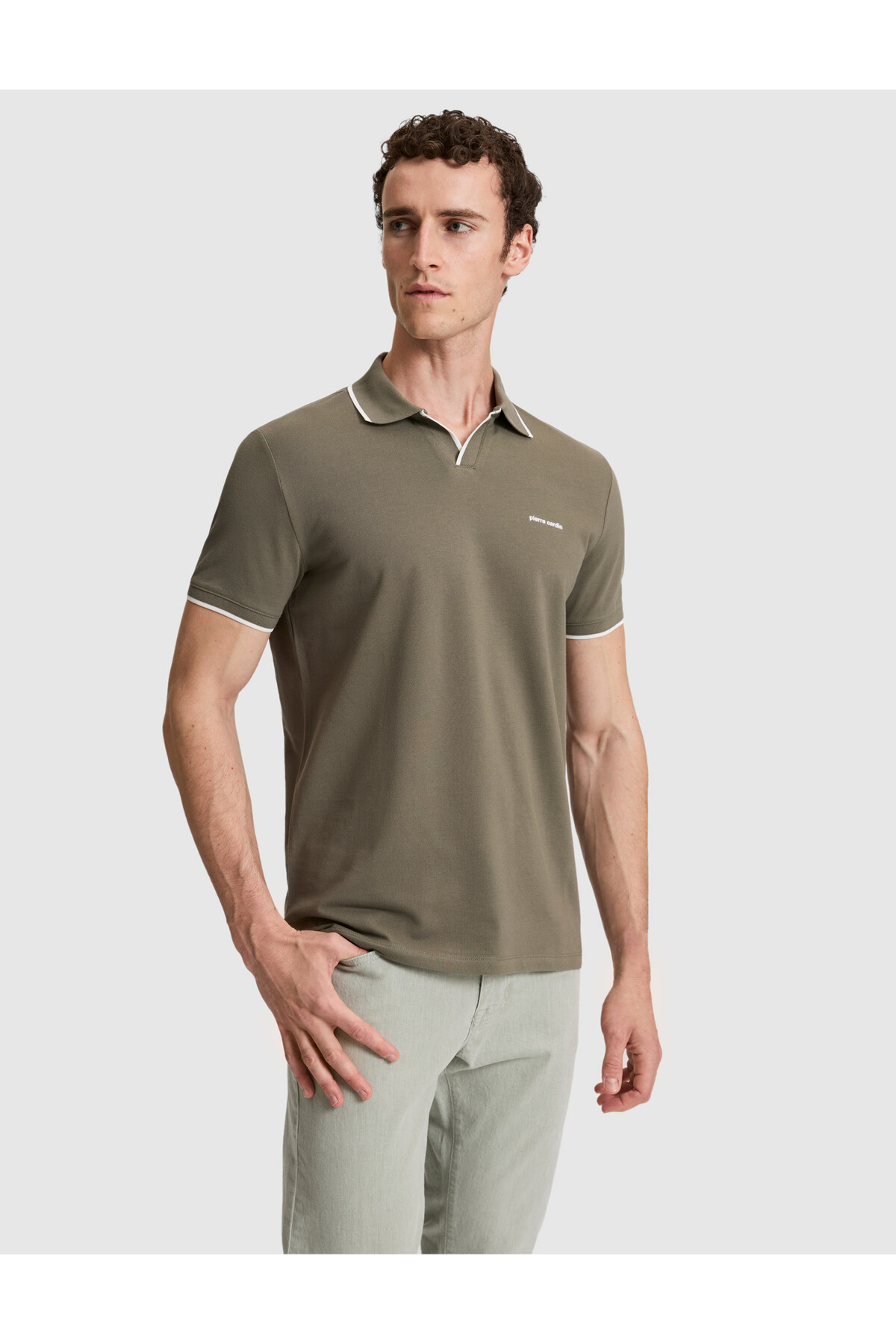 Pierre Cardin Khaki Slim Fit 100% Cotton Apaş Collar T-Shirt 50321029-Vr027