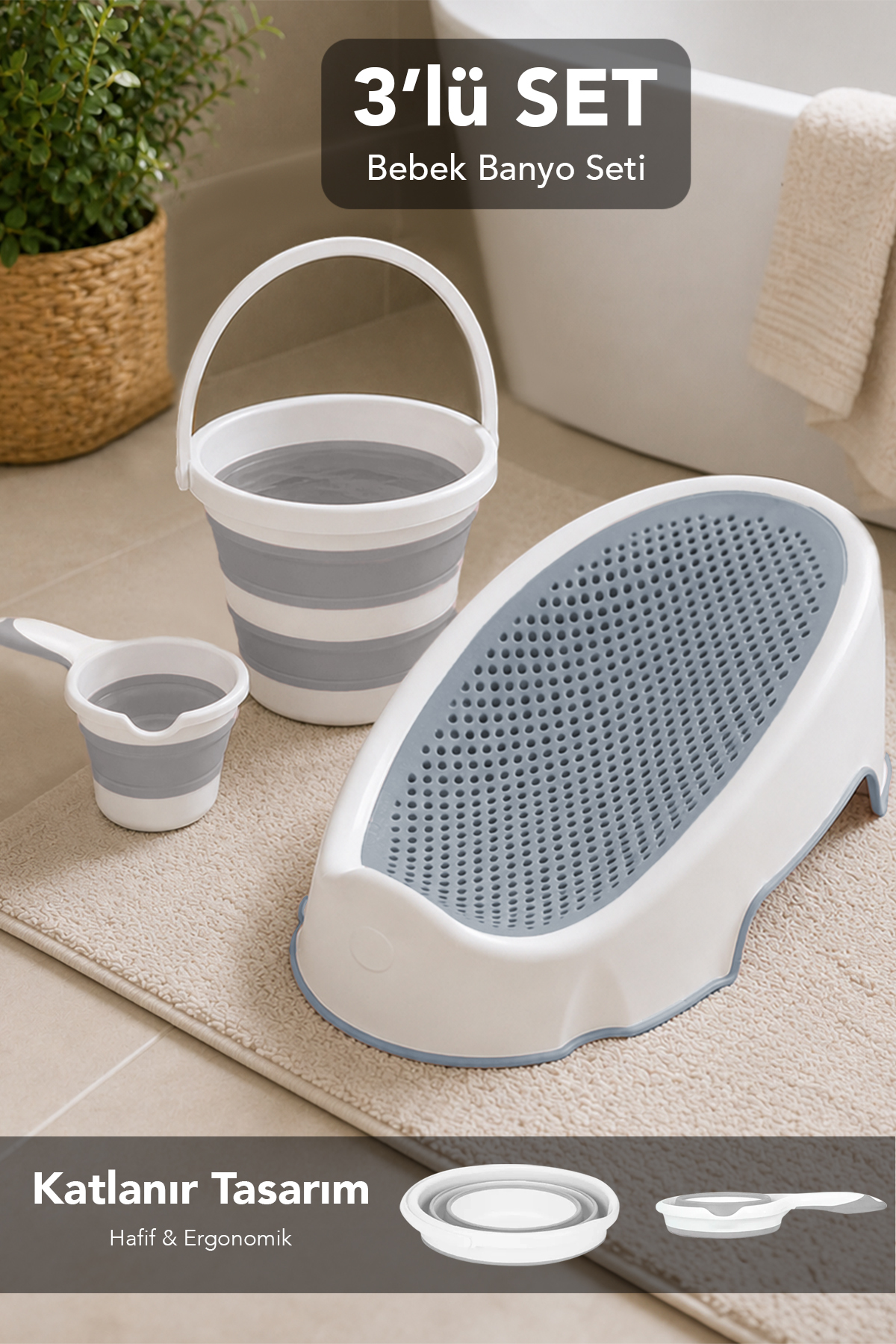 3-Piece Soft Baby Bathtub Set - Baby Feeding Washing Bathtub Water Bucket with Silicone Net Koçero Blue