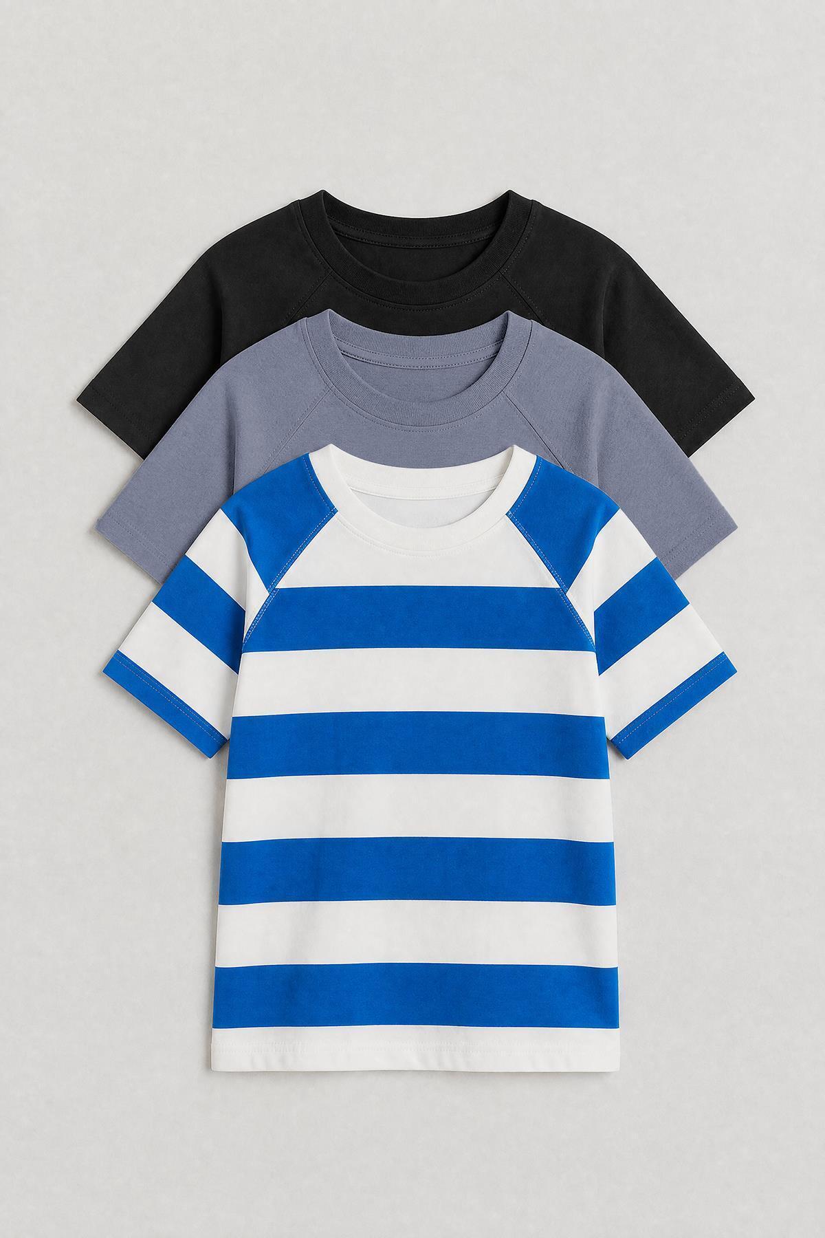 Perendi Unisex 100% Cotton Short Sleeve 3-Piece Kids T-Shirt Set – Striped & Plain Basic