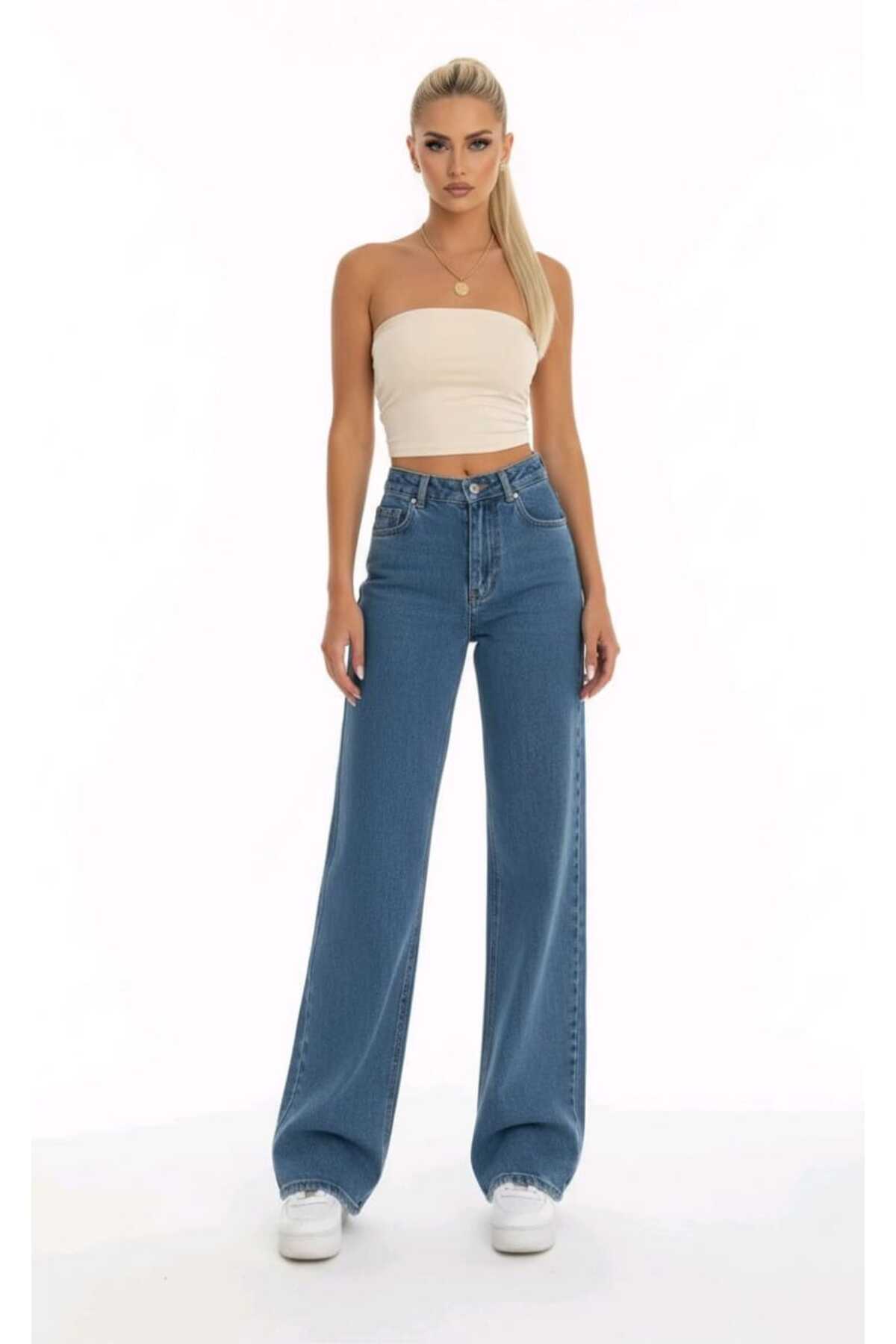 Lighter Jeans Kadın Orta Mavi Likralı Wide Leg Palazzo Jean Yüksek Bel Bol Paça Kadın Pantolon görsel 6