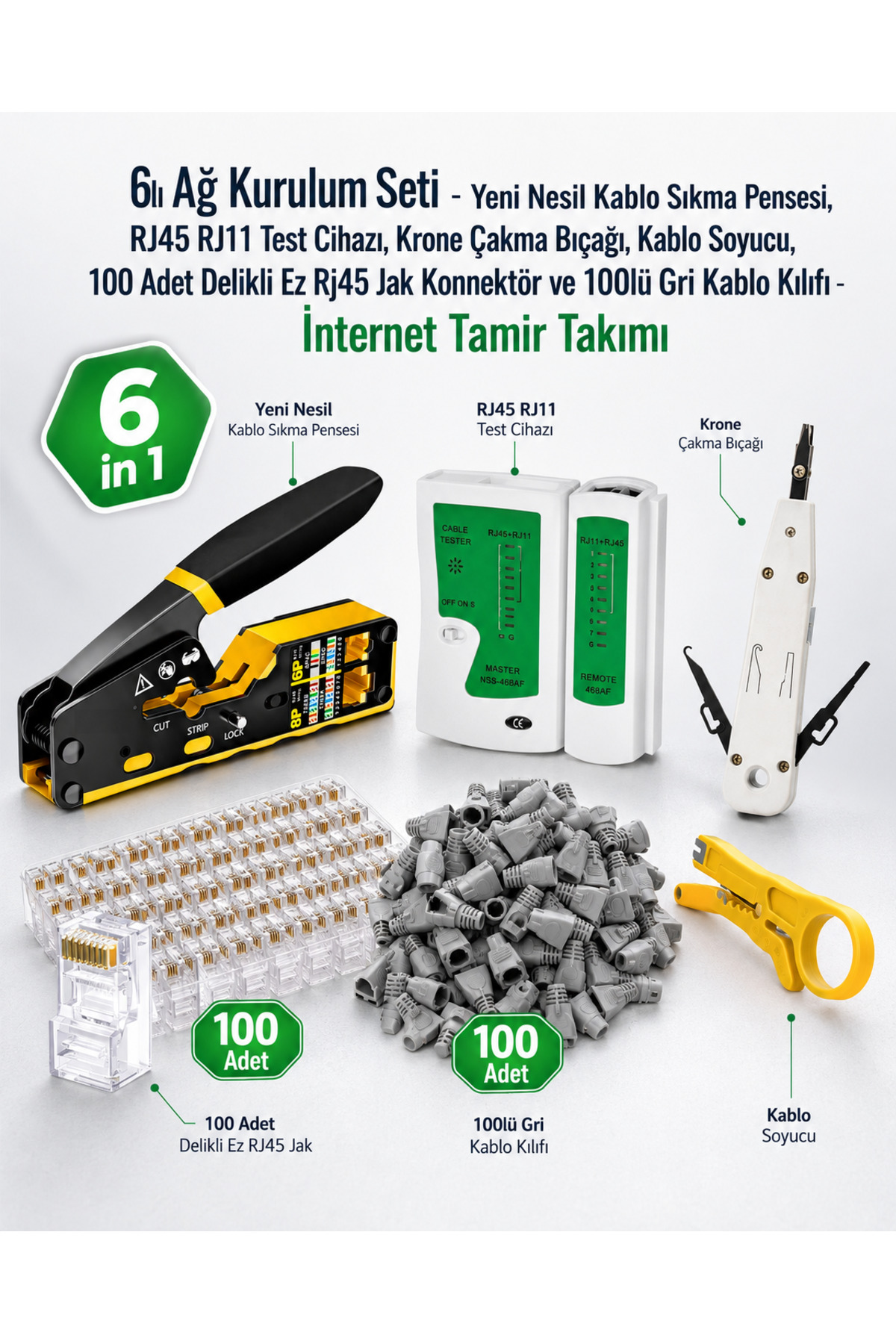 6lı Ağ Kurulum Seti - Yeni Nesil Kablo Sıkma Pensesi, RJ45 RJ11 Test Cihazı, Krone Çakma Bıçağı, Kablo Soyucu, 100 Adet Delikli Ez Rj45 Jak Konnektör ve 100lü Gri Kablo Kılıfı - İnternet Tamir Takımı