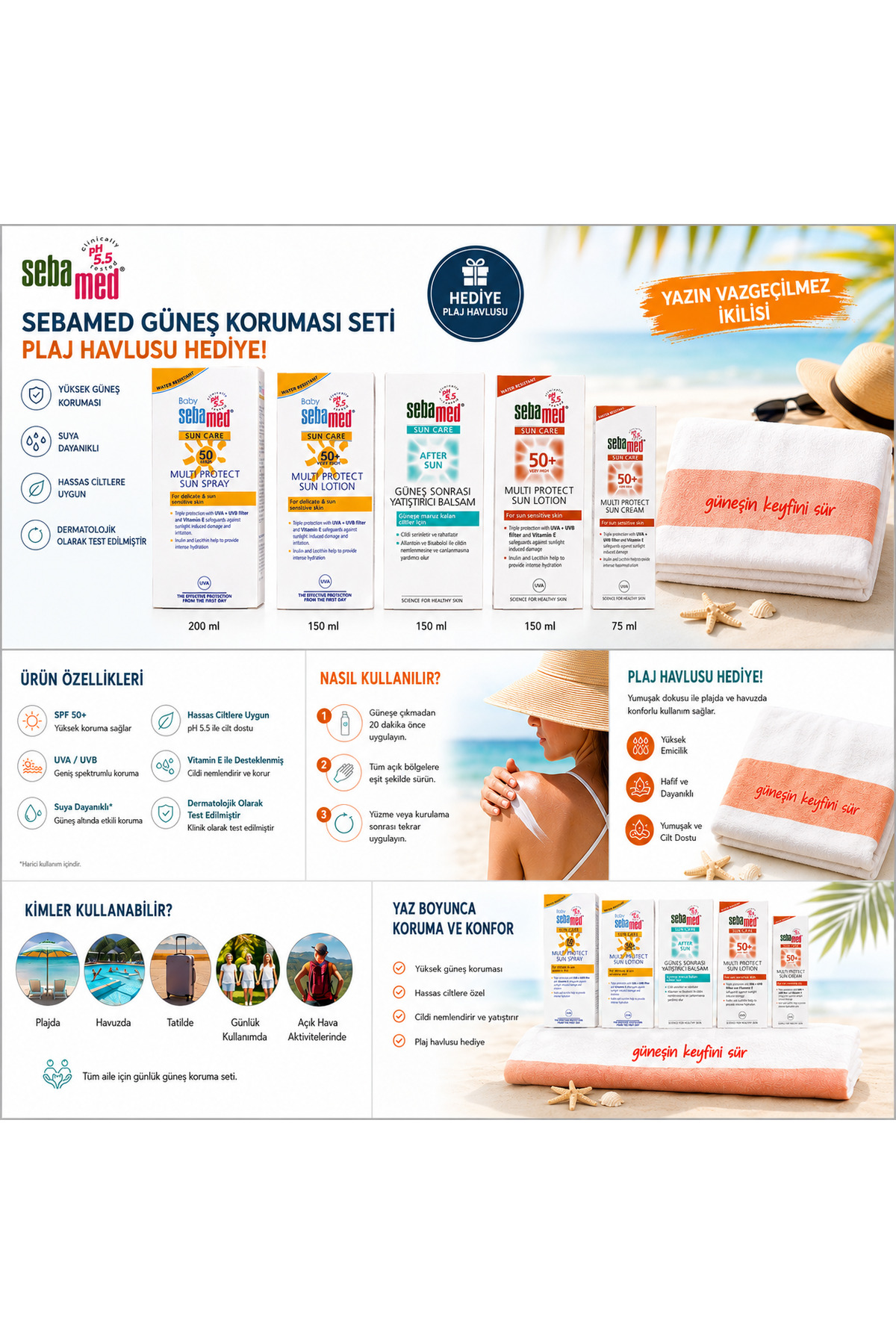 Güneş Koruma SPF 50+ 4 Parça Güneş Kremi + 1 Parça Güneş Sonrası + Plaj Havlusu Hediye — SEBAMED5+HAVLU — تصویر 5 از 7