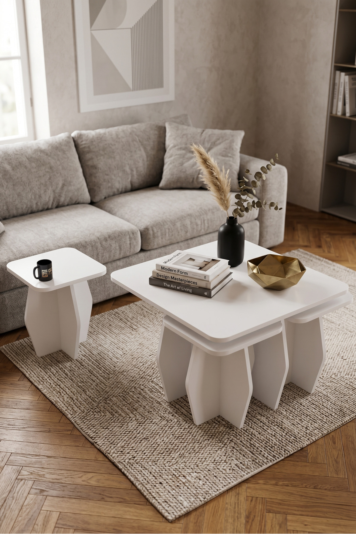 Orta Sehpa Ve Zigon Sehpa 5'li Set Modern Çok Amaçlı Salon Oturma Odası Yan Sehpa 9247 Beyaz görsel 4