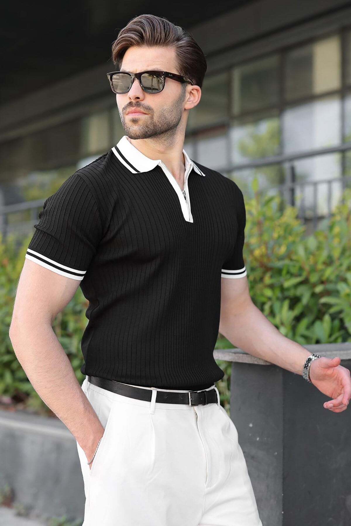 Madmext Black Half Zipper Polo Collar Knitwear Men's T-Shirt E7501