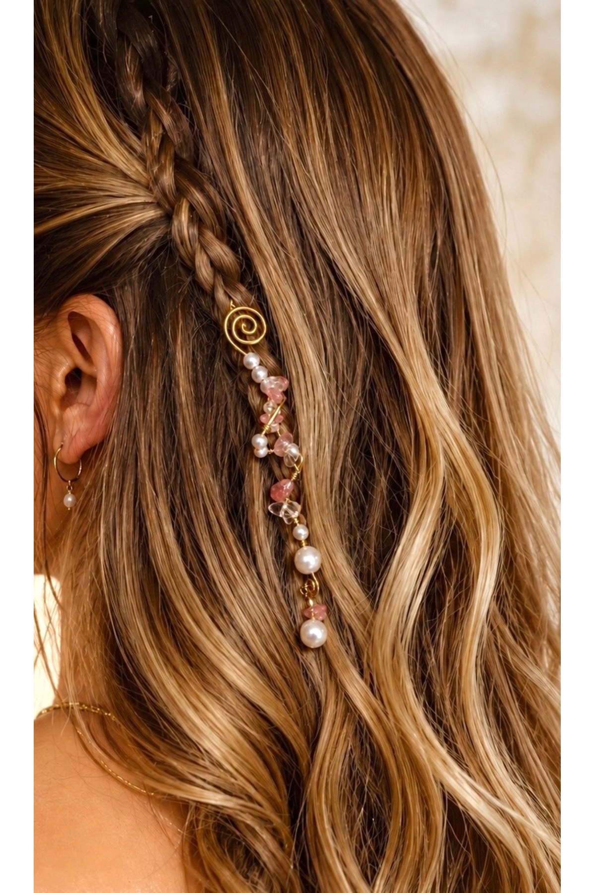 Hair Tinsel Natural Gemstone Pearl Detailed Handmade Hair Accessory Bohemian Festival Hair Ornament Hair Tinsel Fairy Hair