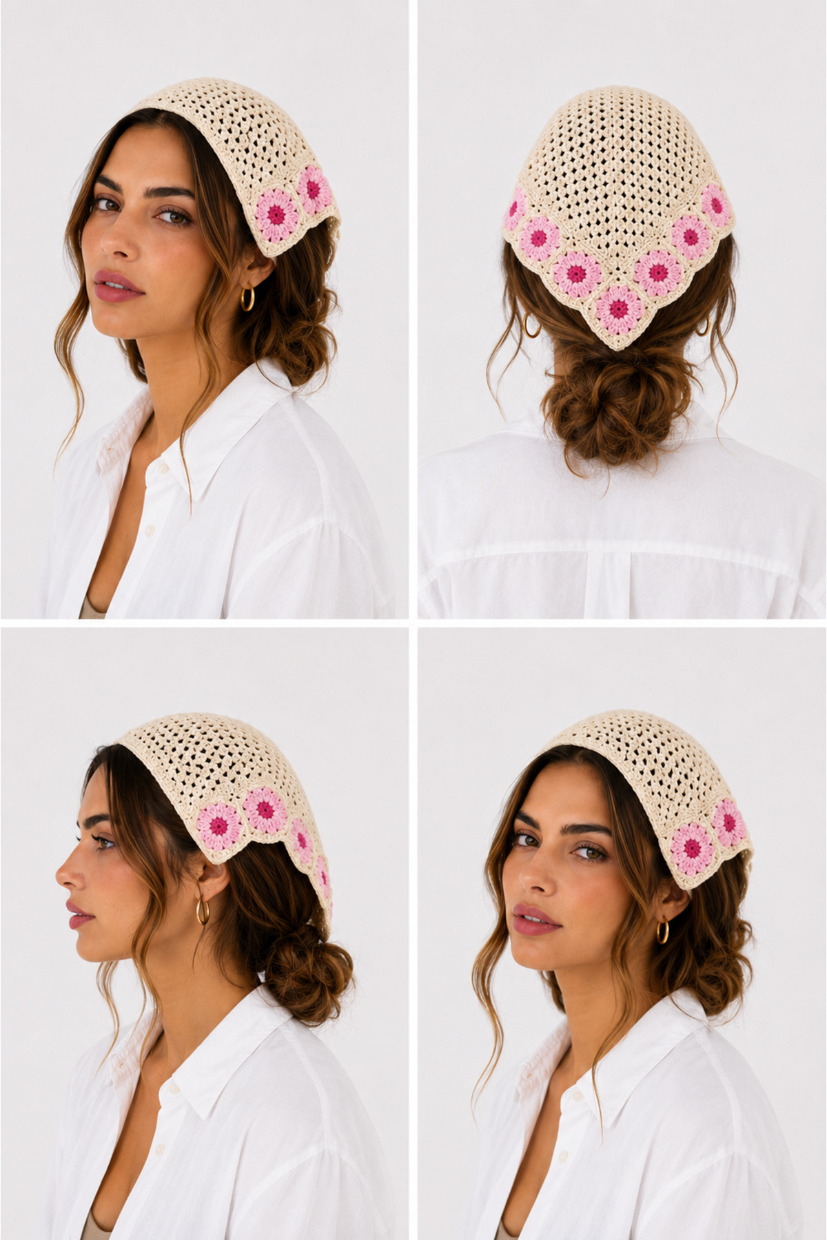 Kadın Örgü Bandana Çiçek Motifli Yazlık Bohem Saç Bandanası