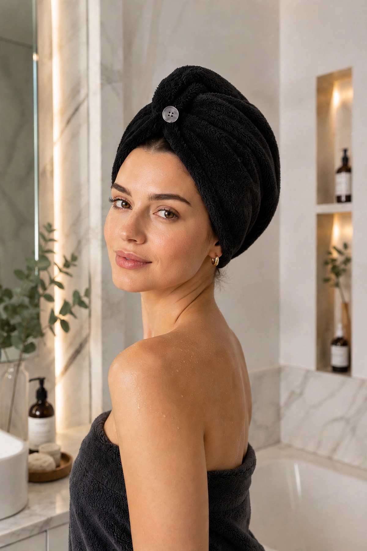 %100 Pamuk Saç Kurutma Bonesi Düğmeli Havlu Saç Bonesi Hızlı Emici Banyo Duş Saç Havlusu