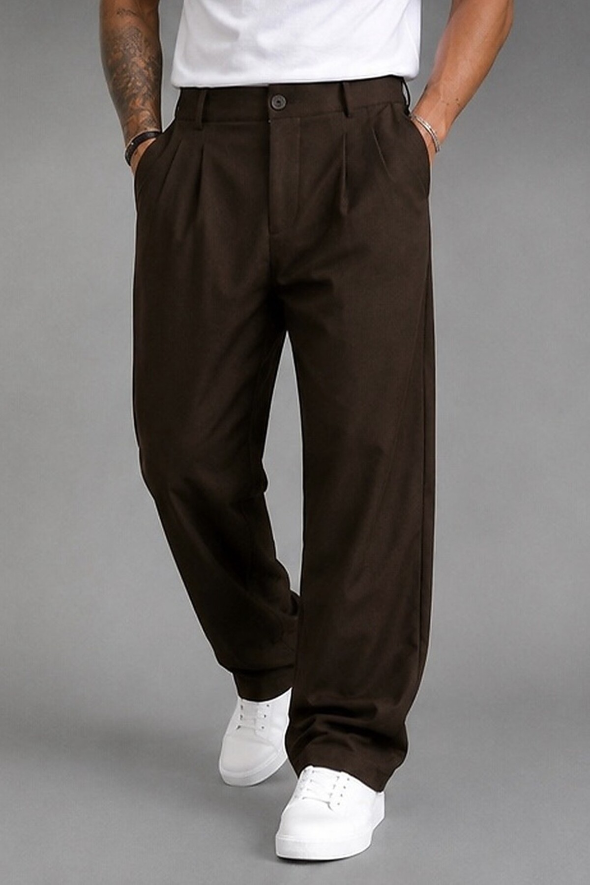 BM BALANCEMODA Erkek Baggy kalıp, esnek-dökümlü, pile detaylı, geniş kumaş pantolon görsel 5
