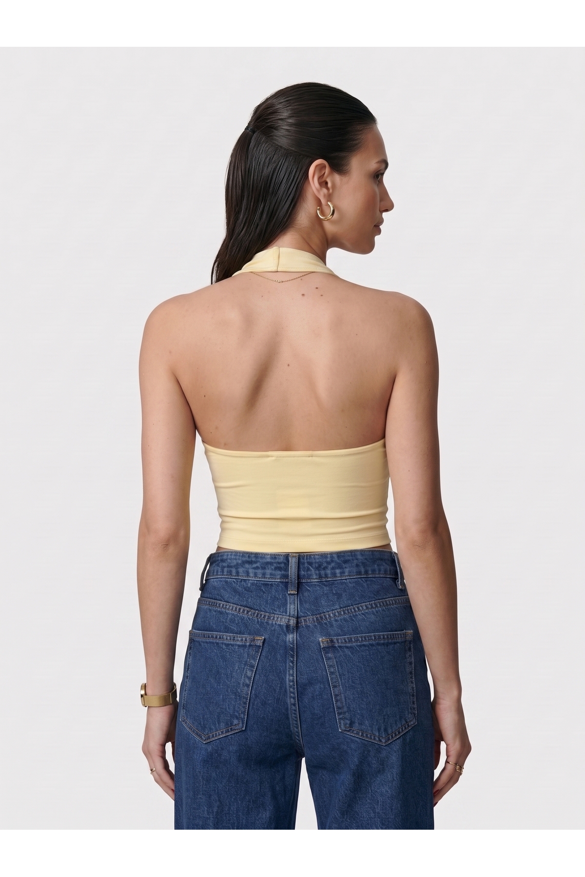 Kadın Halter Yaka Dar Kalıp Sırt Dekolteli Slim Fit Basic Body - Sarı 4