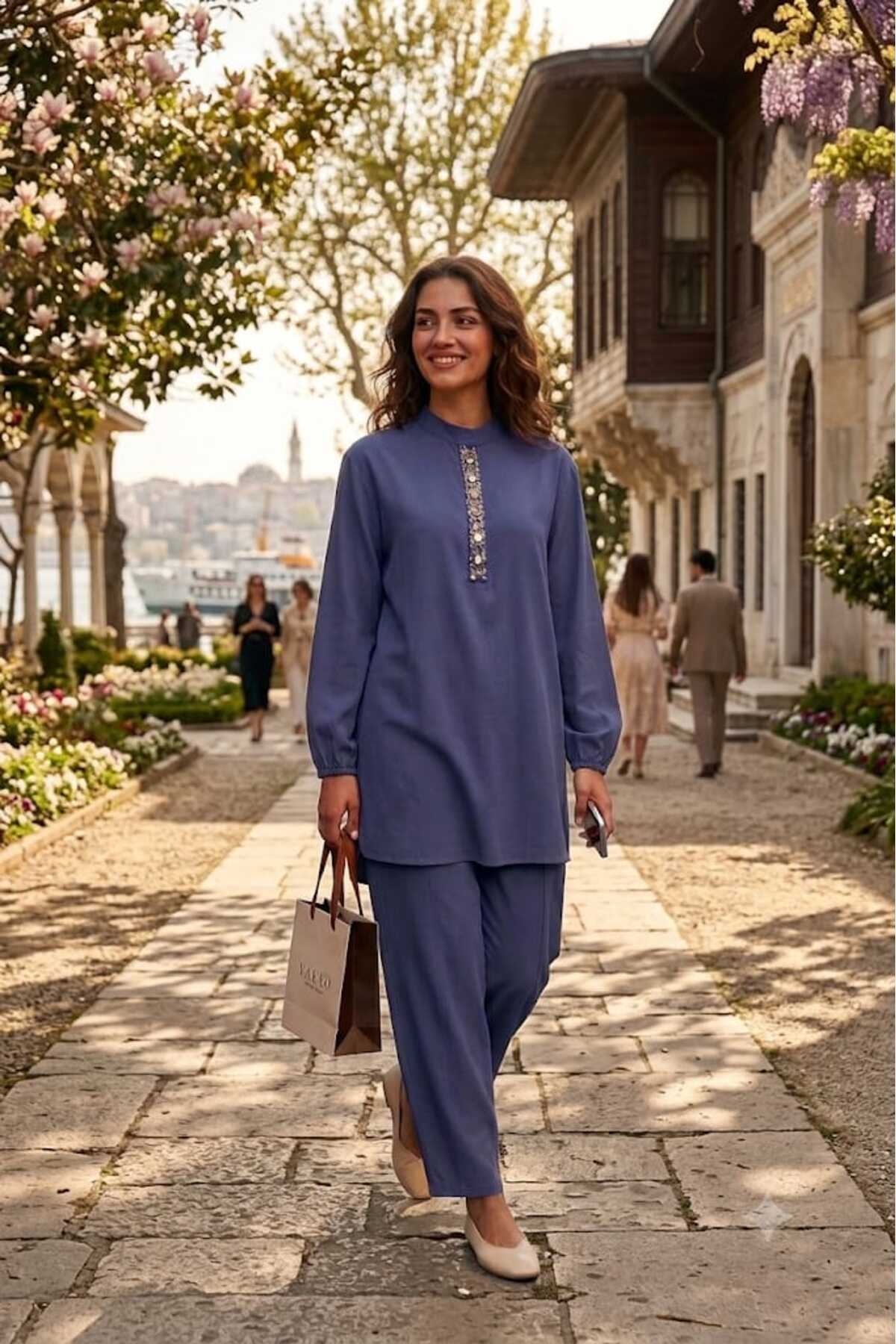 Women's Collar Embroidered Detailed Pants Set Indigo
