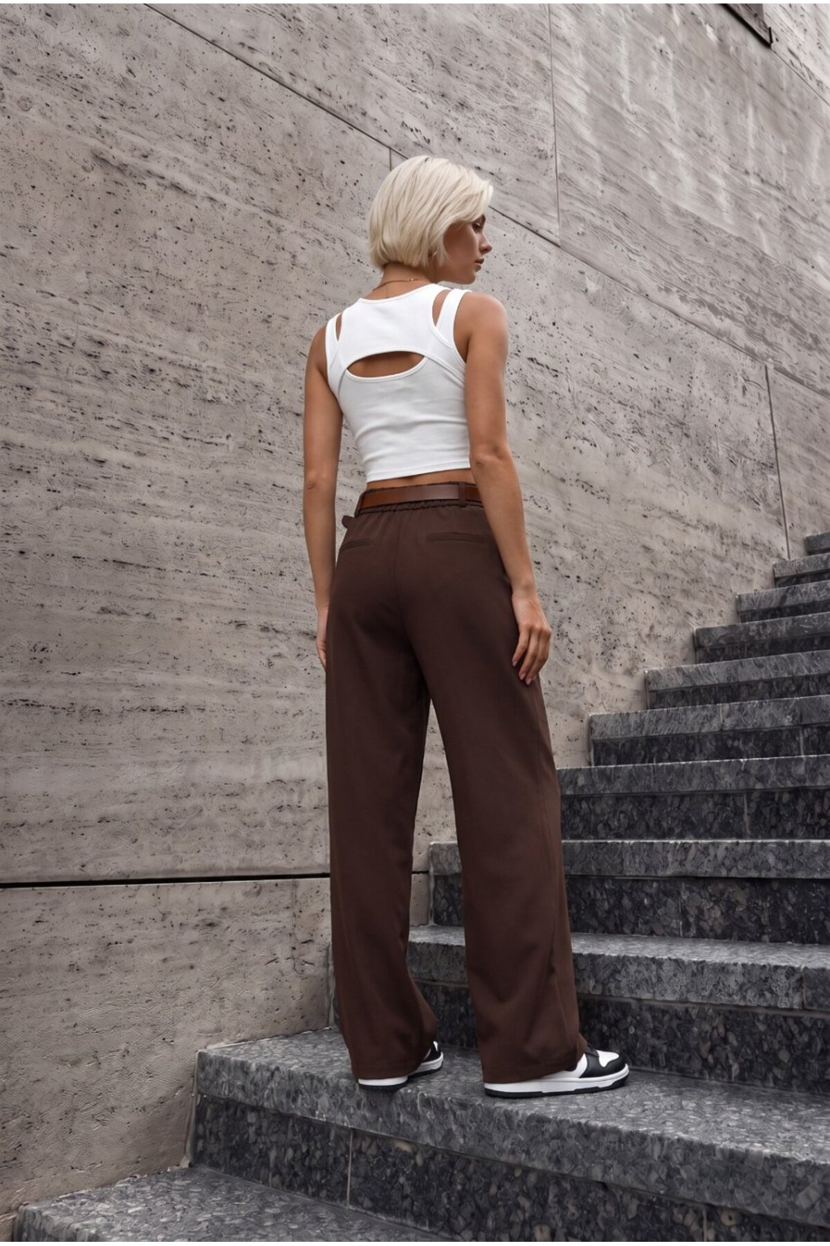 Kadın Kemerli Oversize Salaş Beli Lastikli Palazzo Pantolon KAHVE 8