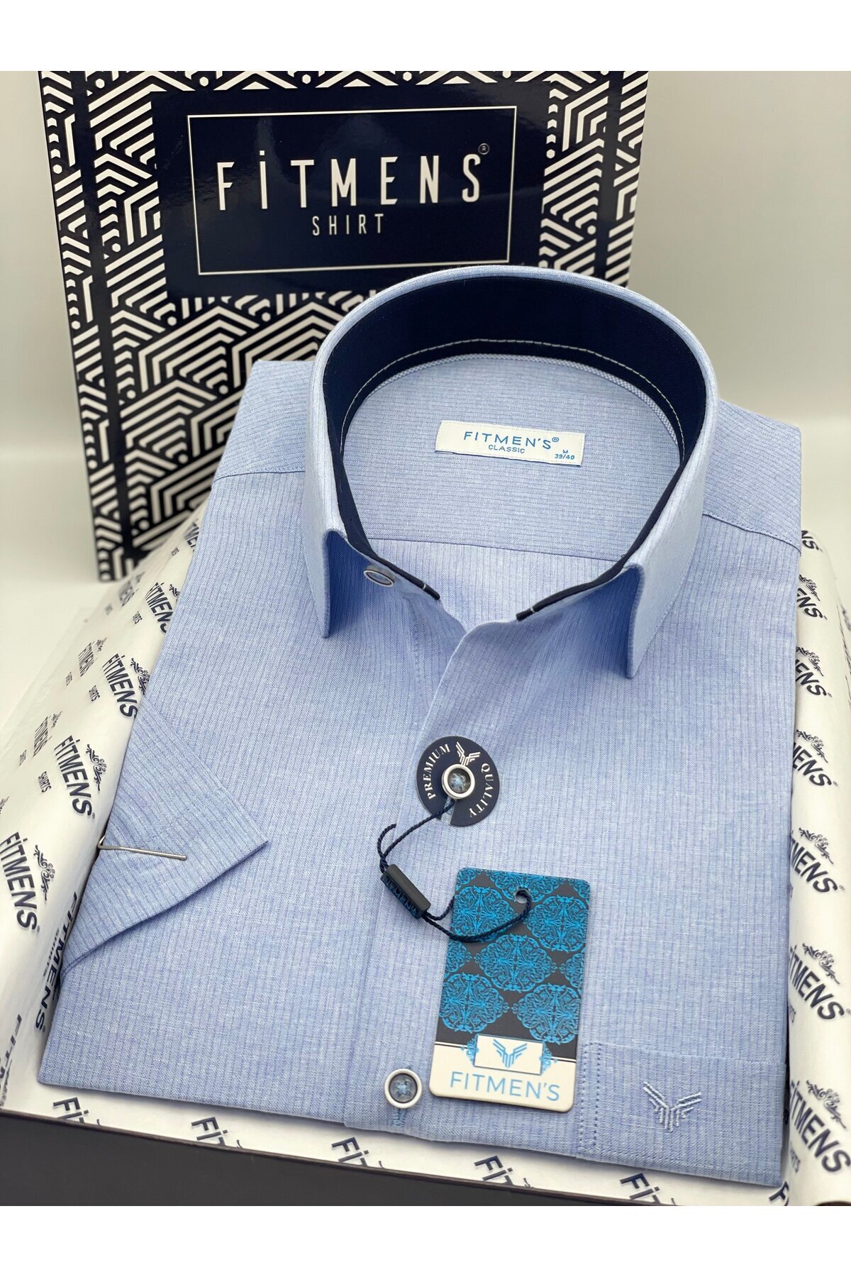 Classic Short Sleeve Linen Cotton Men's Shirt with Gift Box FS-003624-Blue
