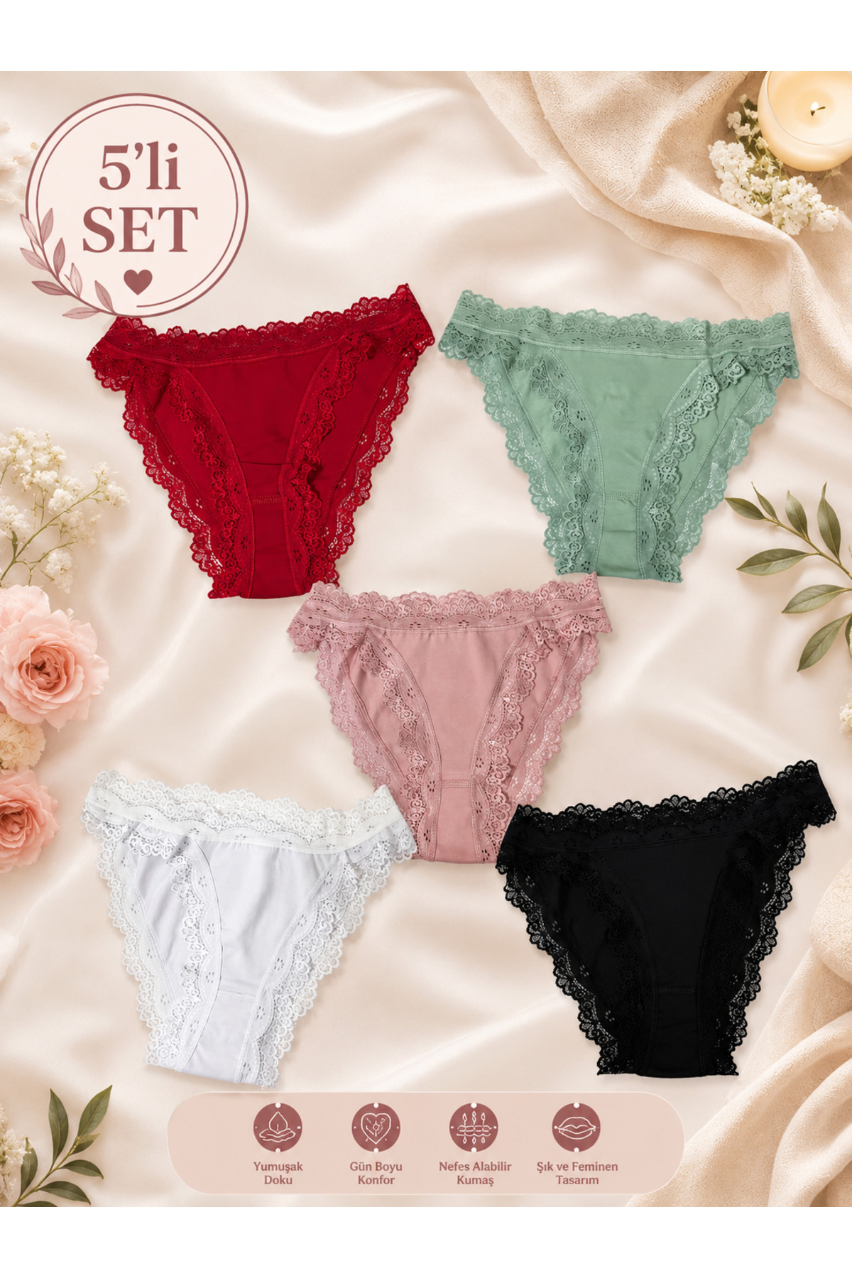 ARSIA 5-Pack Women's Lace Cotton Panties