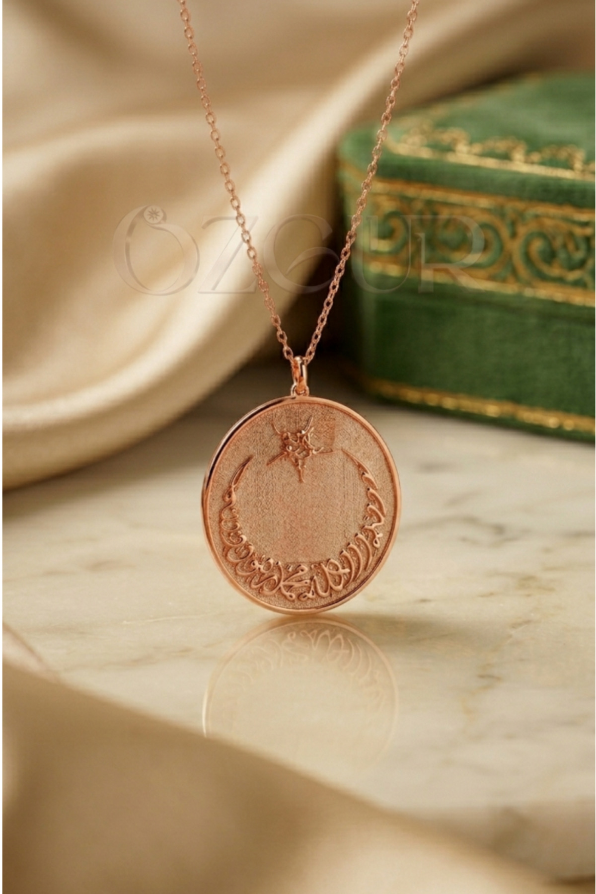 925 Ayar Gümüş Kelime-i Tevhid Yazılı Ayyıldızlı Madalyon Kolye - Rose / 40 cm