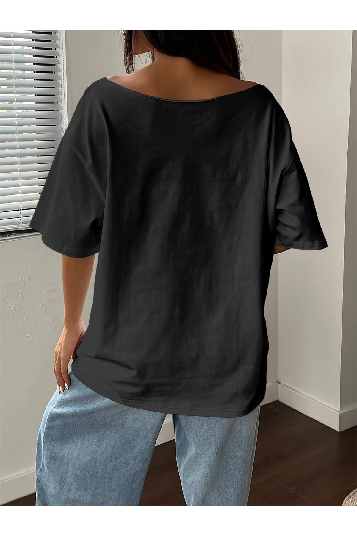 OVER HEAD Kadın Dolunay Baskılı Kayık Yaka Düşük Omuz %100 Pamuk T-shirt görsel 2