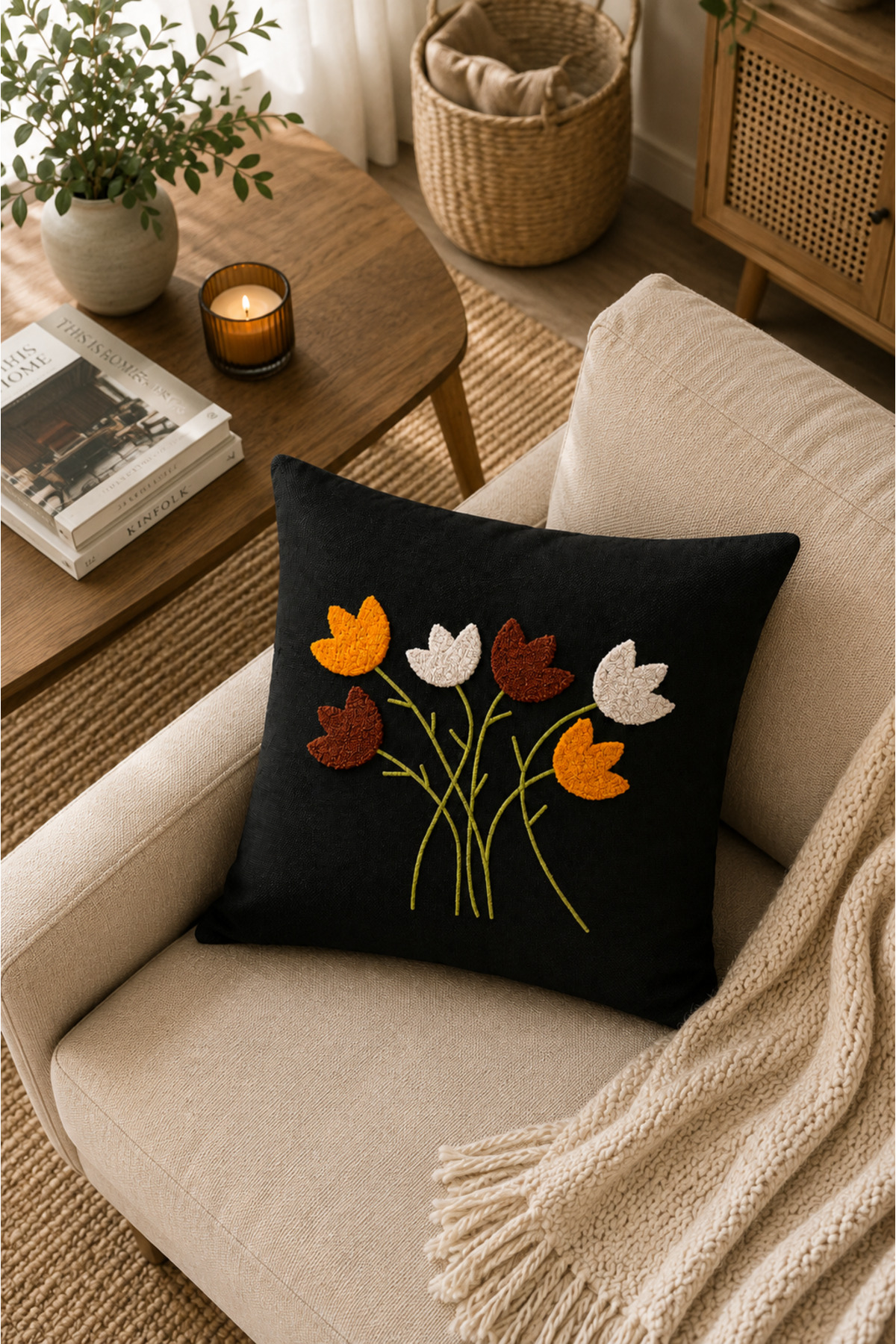 Dekoratif Punch Kırlent Kılıfı Keten Kumaş Gizli Fermuarlı 43x43