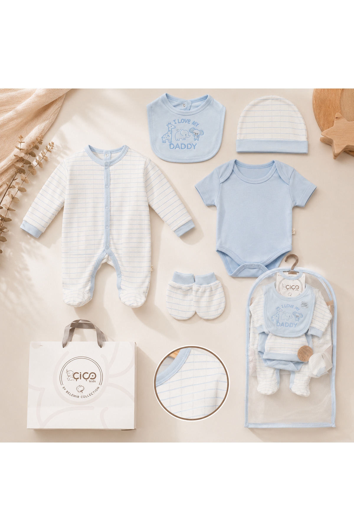 5'li Bebek Giyim Seti – I Love My Daddy Baskılı Mavi Tulum, Body, Şapka, Önlük ve Eldiven