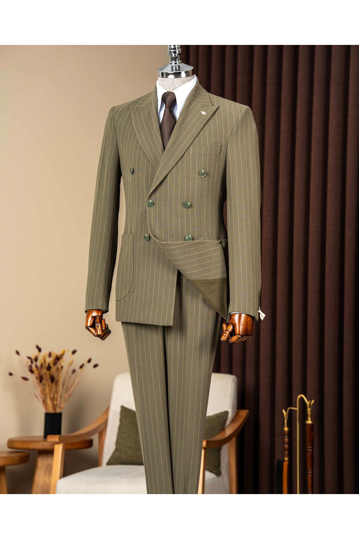 Slim fit erkek kruvaze torba cep ceket pantolon takım elbise yeşil T20109-28 — سبز
