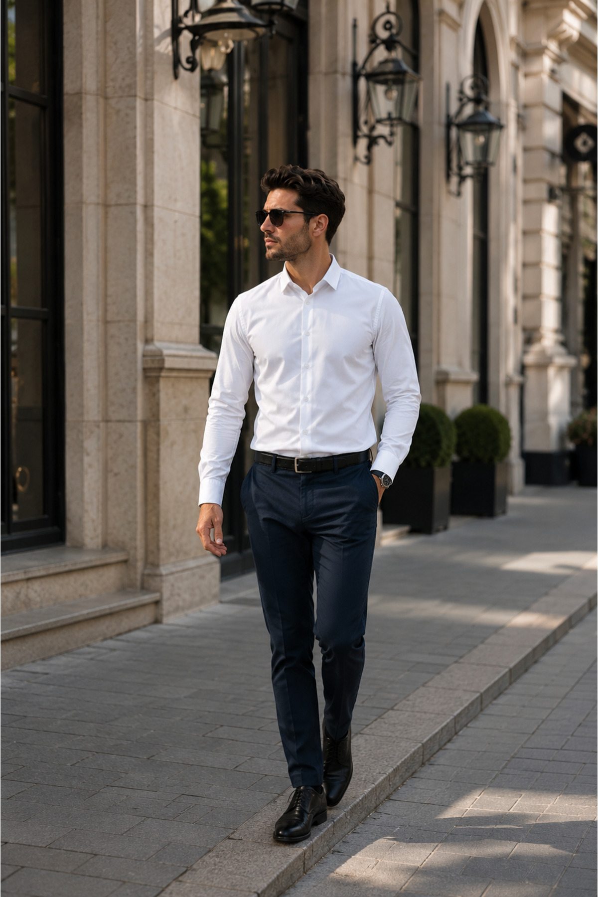 White slim-fit shirt for men with classic collar and long sleeves, suitable for suits and groom outfits