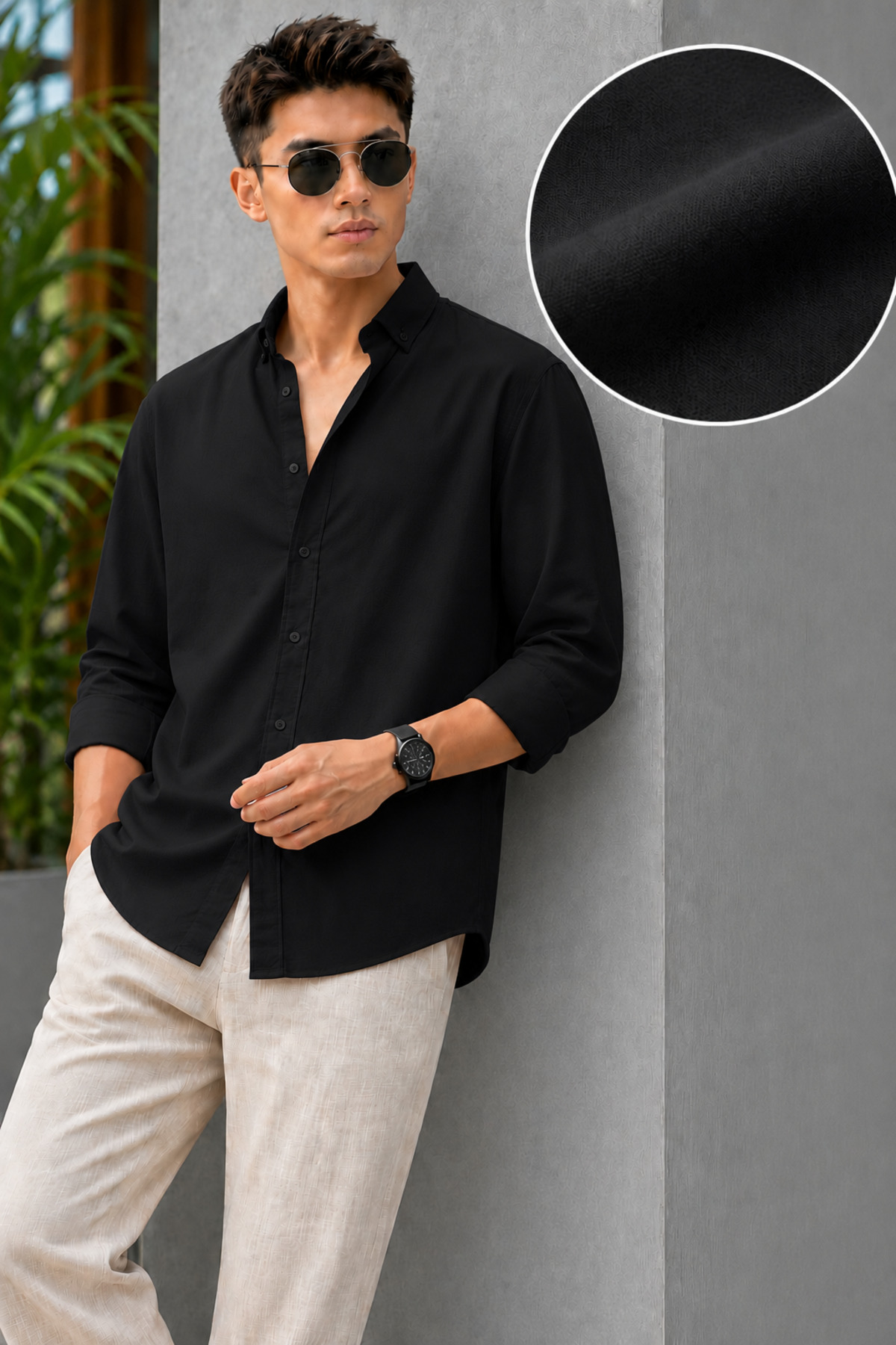 YNGMENCLASS Fit Cut Cotton Linen, Breathable, Light Textured, Quick-Ironing, Button-Up Collar, Men's Linen Shirt