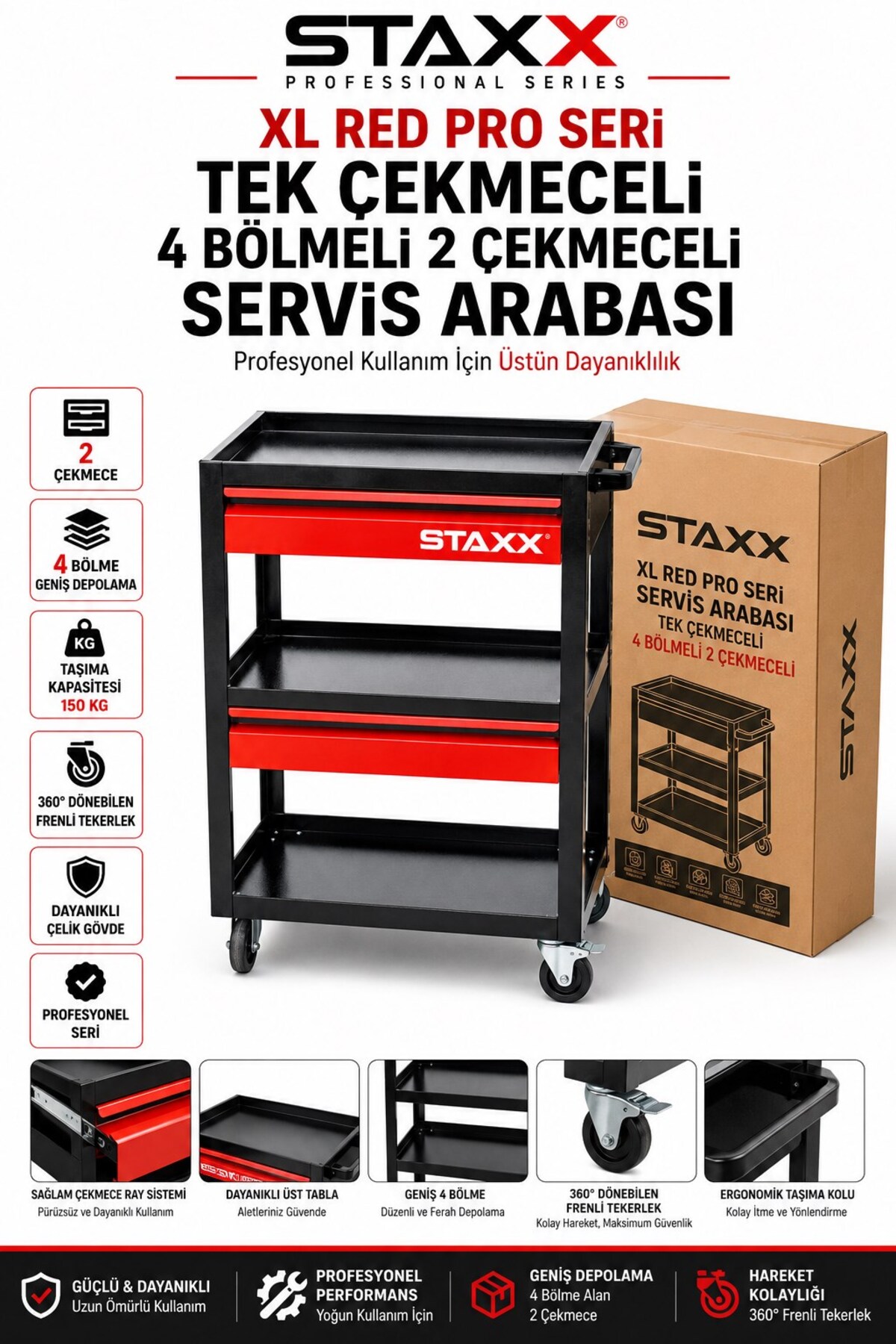 STAXX POWER XL Red Pro Seri 2 Çekmeceli 4 Bölmeli Profesyonel Alet Servis Arabası Metal Takım Tezgah Arabası