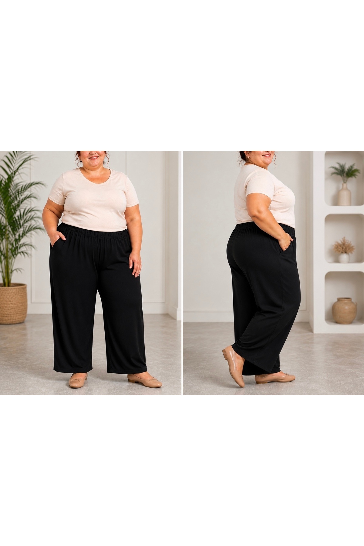 Store BÜYÜK BEDEN KADIN DÜZ RENK SİYAH LİKRALI PENYE ŞALVAR PANTOLON görsel 2
