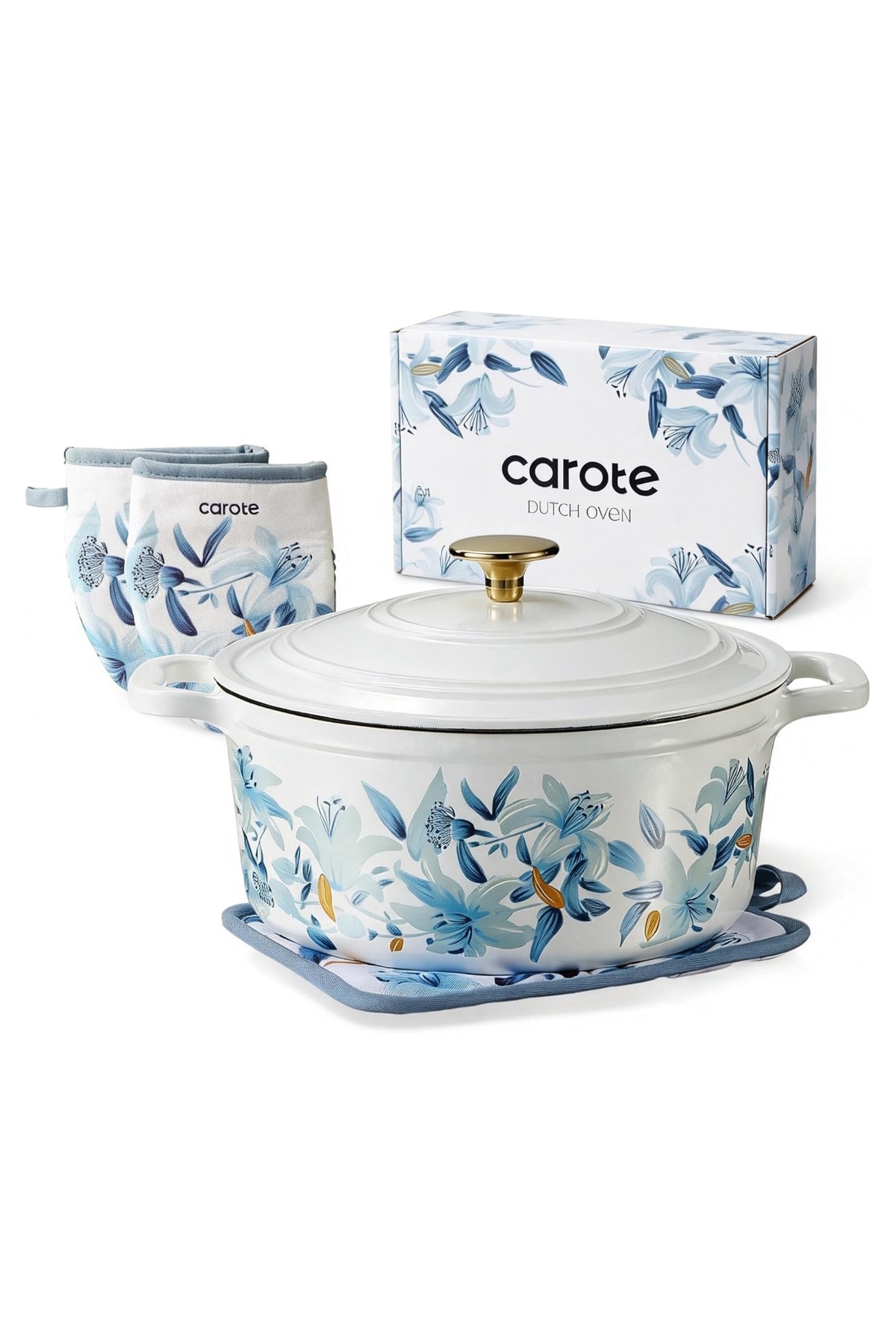 CAROTE 4.73L (5 QT) Floral Enameled Cast Iron Dutch Oven Pot Gift Set, Oven Safe, White & Blue
