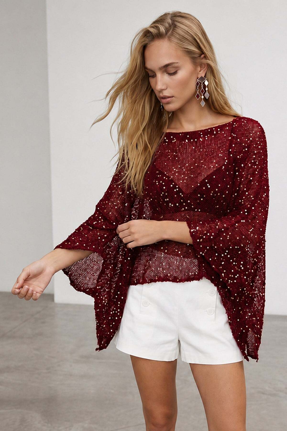 Trend Alaçatı Stili Kadın Bordo Simli Bol Kesim Triko Panço Bluz Alc-X15578