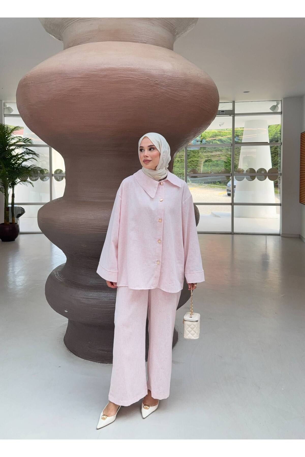 fera butik Women's Hijab Linen Set Casual Buttoned Tunic Shirt and Wide-Legged Trousers