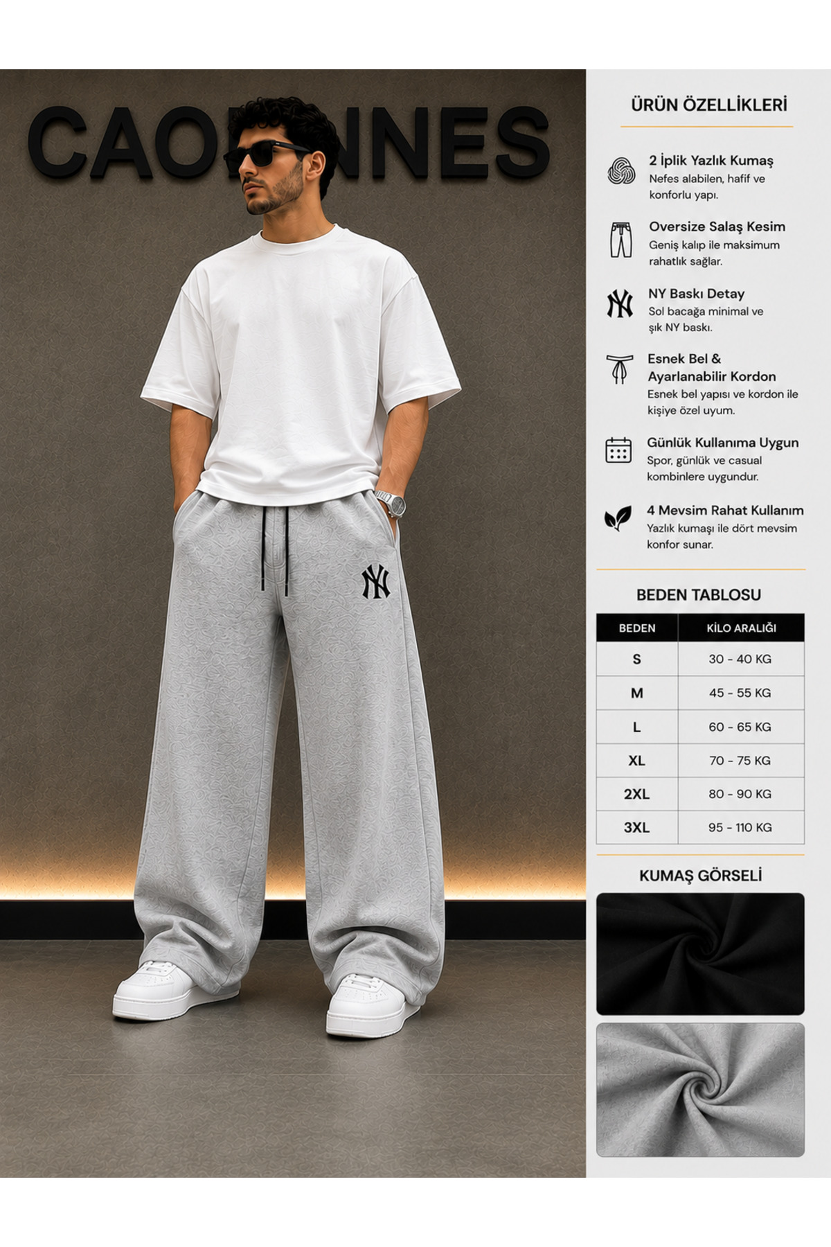 CAONNES 2'li Erkek NY Baskılı Eşofman Altı (Siyah-Gri) Oversize Baggy Salaş Paça görsel 4
