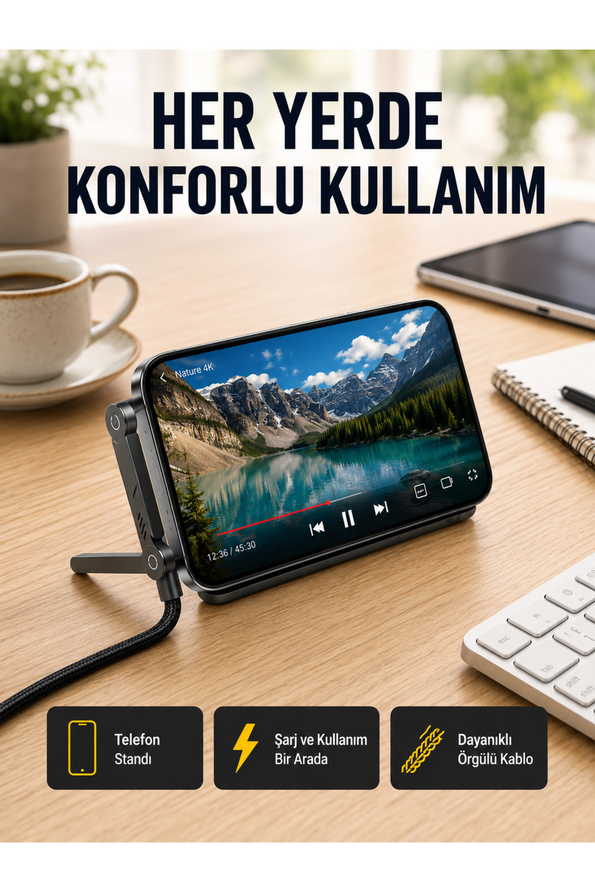 markentegra 240W Type-C to Type-C Katlanabilir Standlı Hızlı Şarj Kablosu