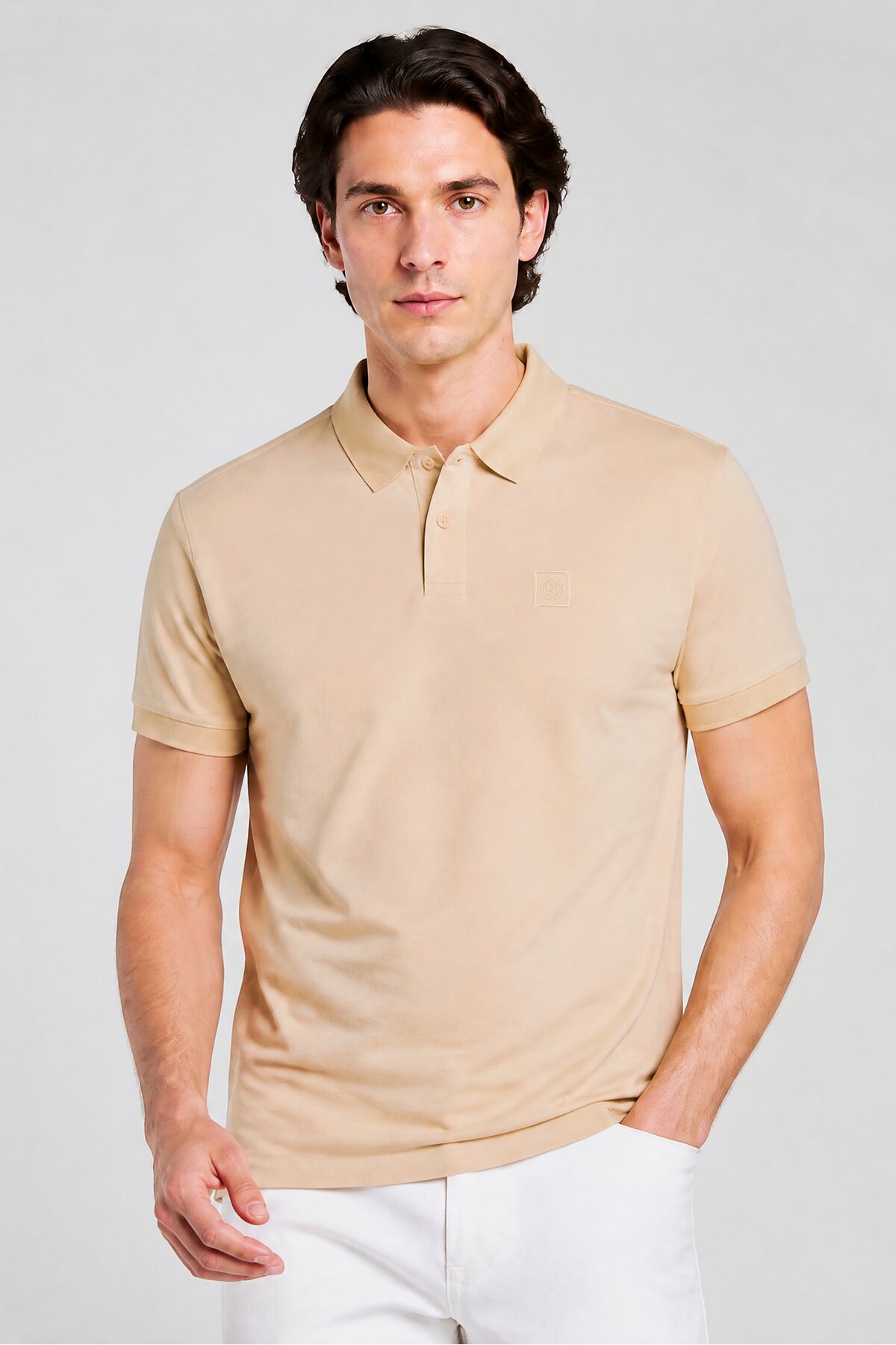 Nautica Men Classic Fit Embroidered Logo Short Sleeve Polo Shirt, Beige