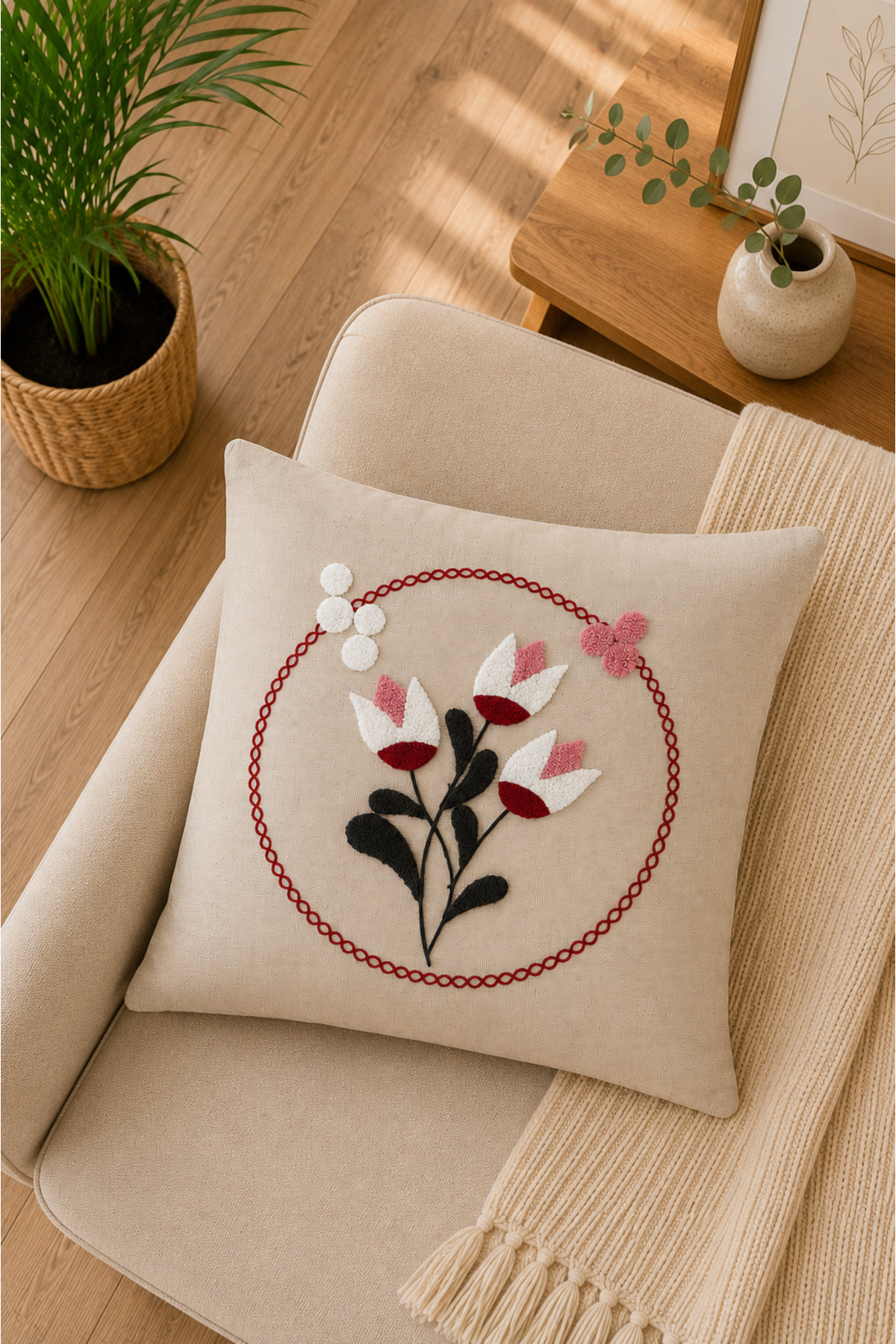 Dekoratif Punch Kırlent Kılıfı Keten Kumaş Gizli Fermuarlı 43x43