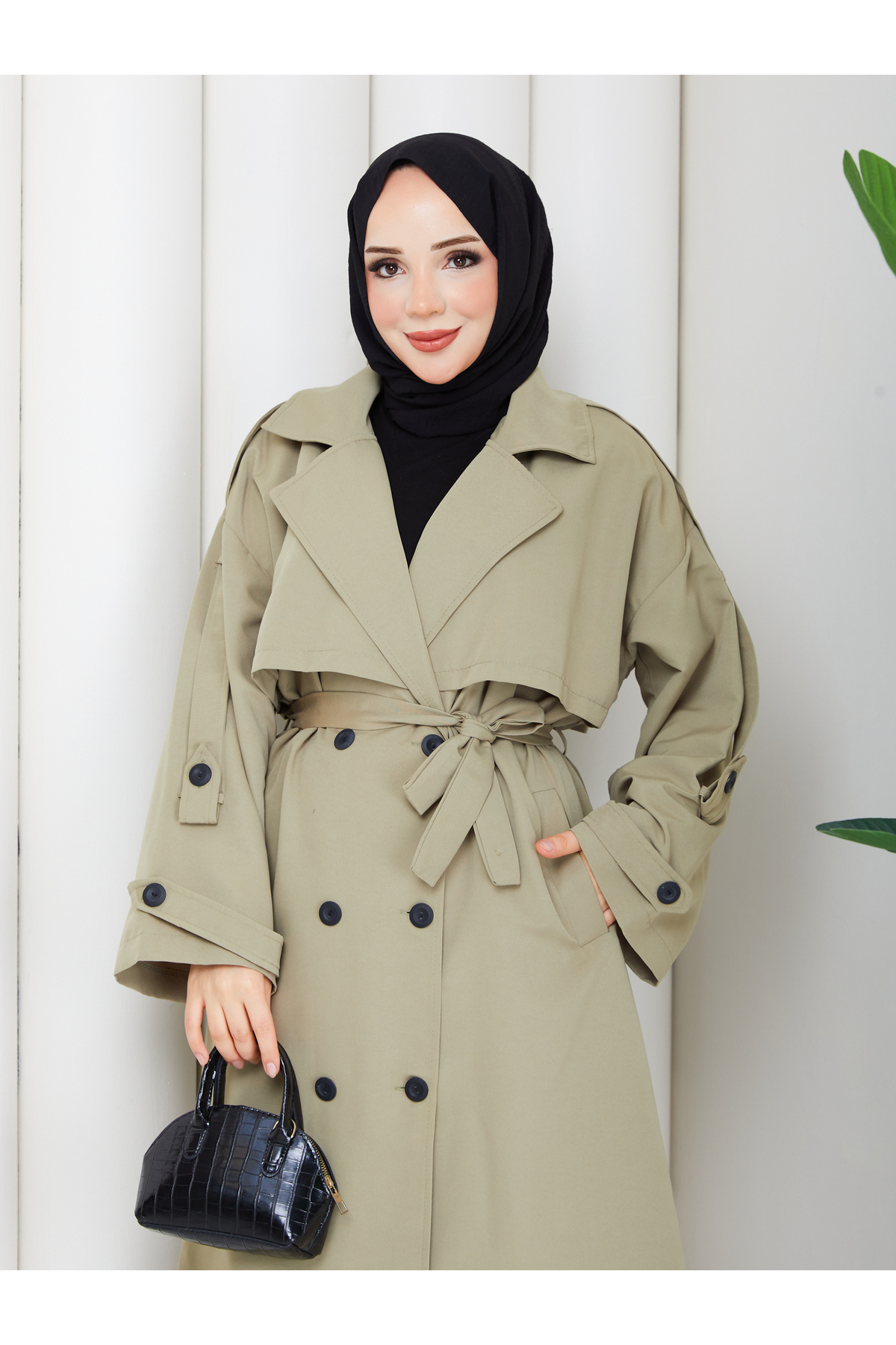 RACE FASHİON Kadın Oversize Düğmeli Tesettür Trençkot RC3111 görsel 7