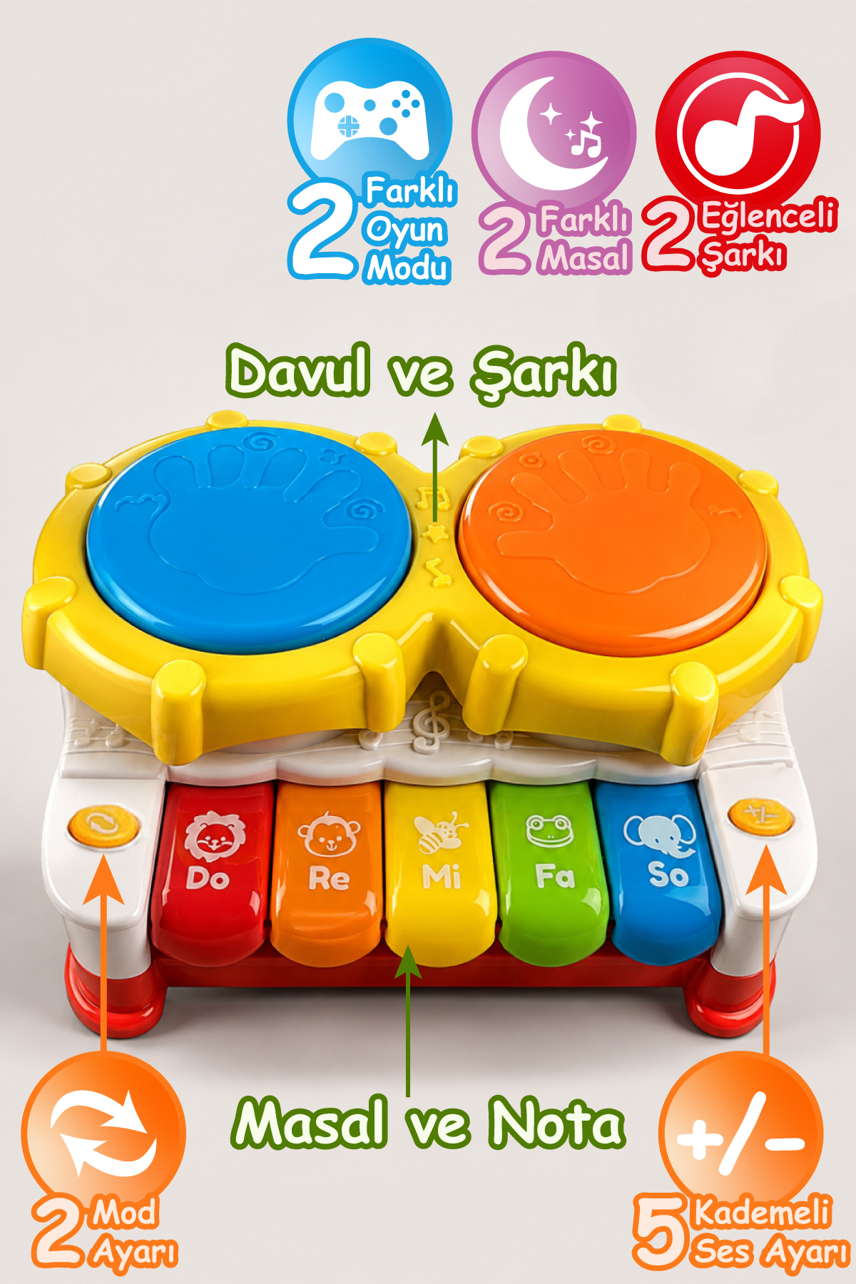 Smartfox 2'li Davul ve Piyano Işıklı Sesli Müzikli Eğitici Çocuk