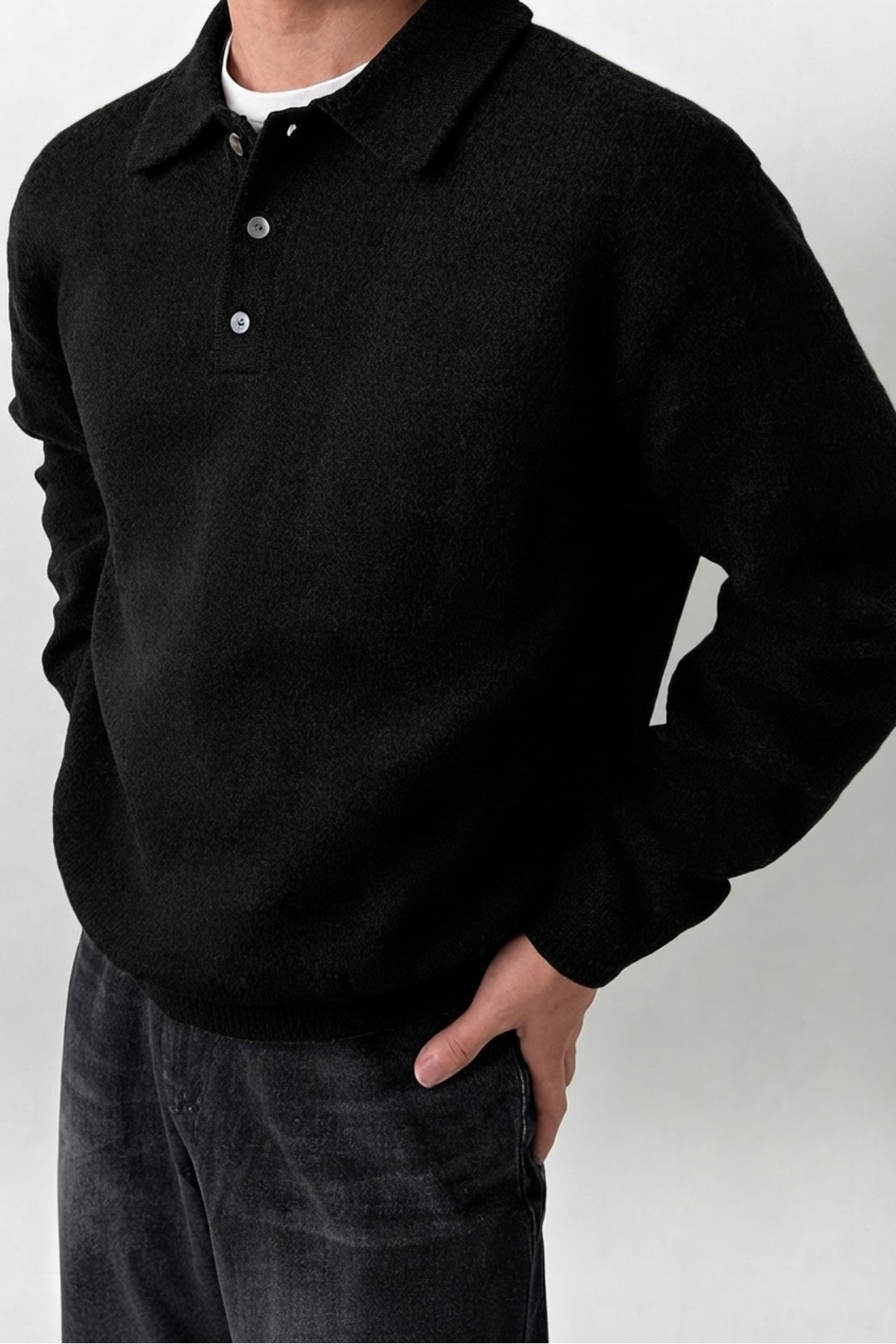 SERABLANKA Erkek Polo Yaka Oversize Triko Kazak, Rahat Kalıp görsel 5