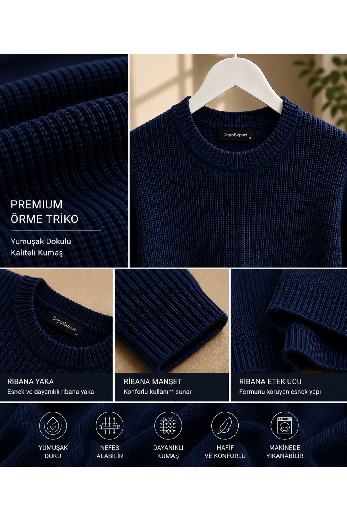 DepoExport Erkek Premium Oversize Yumuşak Bisiklet Yaka Triko Kazak görsel 2
