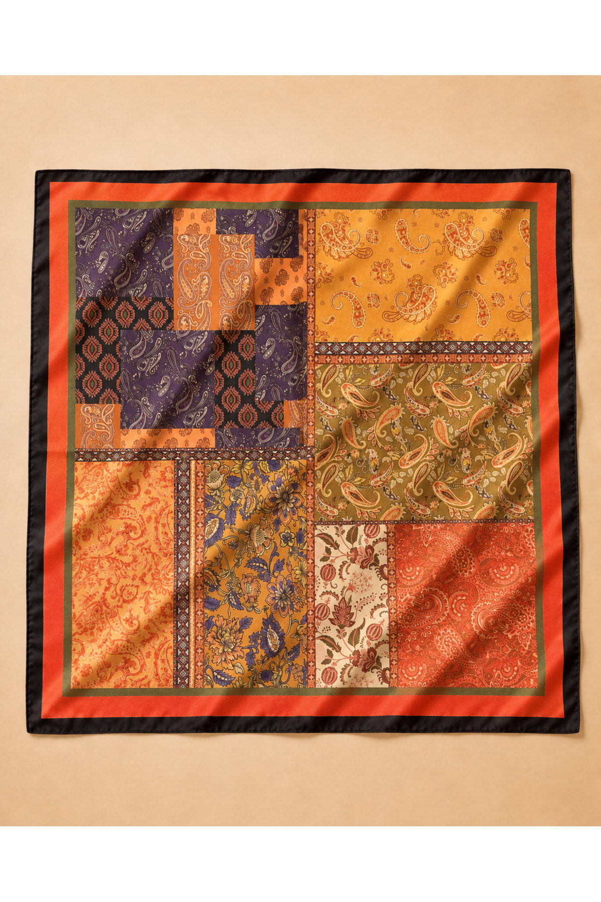 OUS Kadın Patchwork Paisley Desenli 50x50 cm Saten Fular, Siyah Kenarlı İpeksi Dokulu Kare Boyun Saç ve Çanta Aksesuarı görsel 5