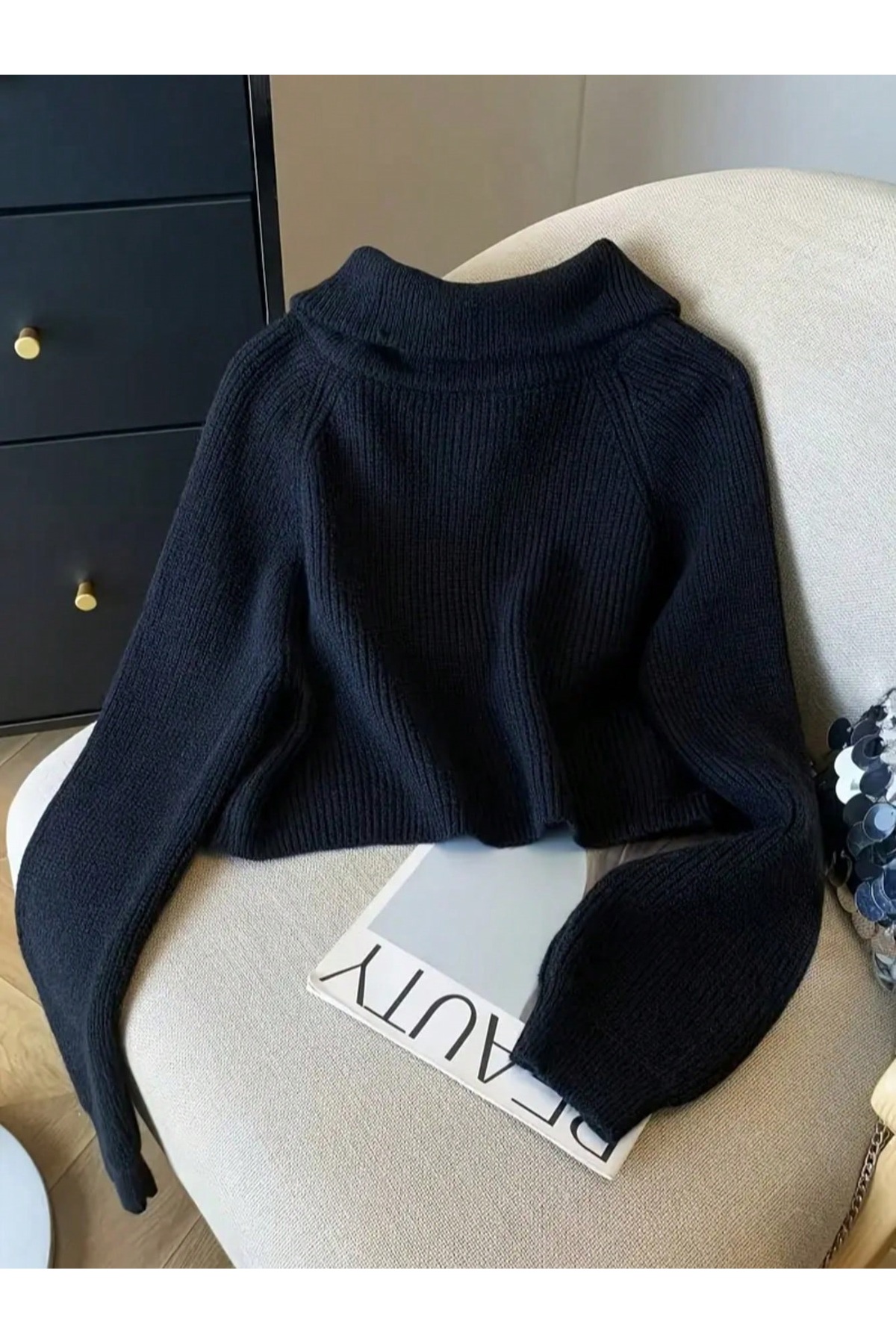 POİNE Kadın Devrik Yaka Oversize Selanik Örgü Fermuarlı Triko Kazak görsel 3