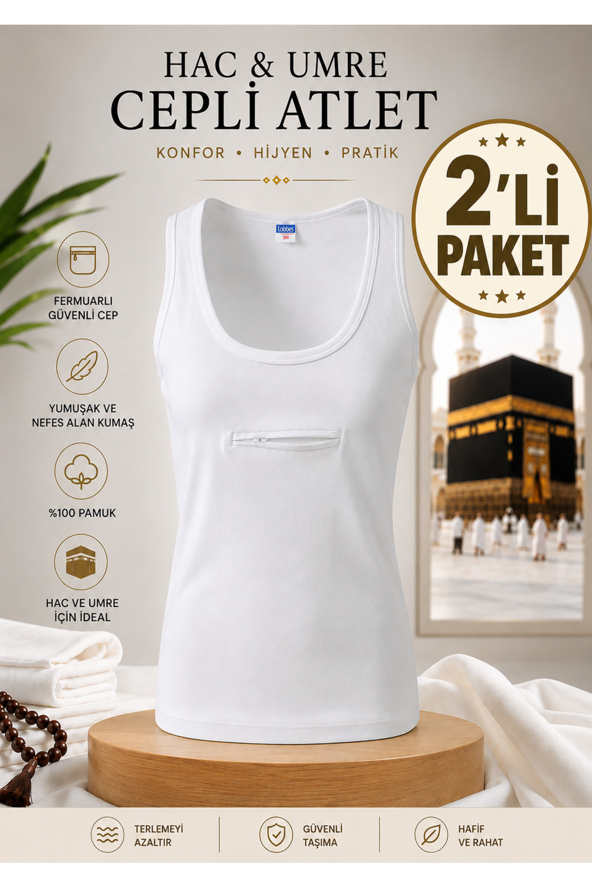 GÜLİSTANHAC 2 Adet Cepli Atlet - Hac-Umre İçin Uygun, Pamuklu Fermuarlı Beyaz Cepli Atlet