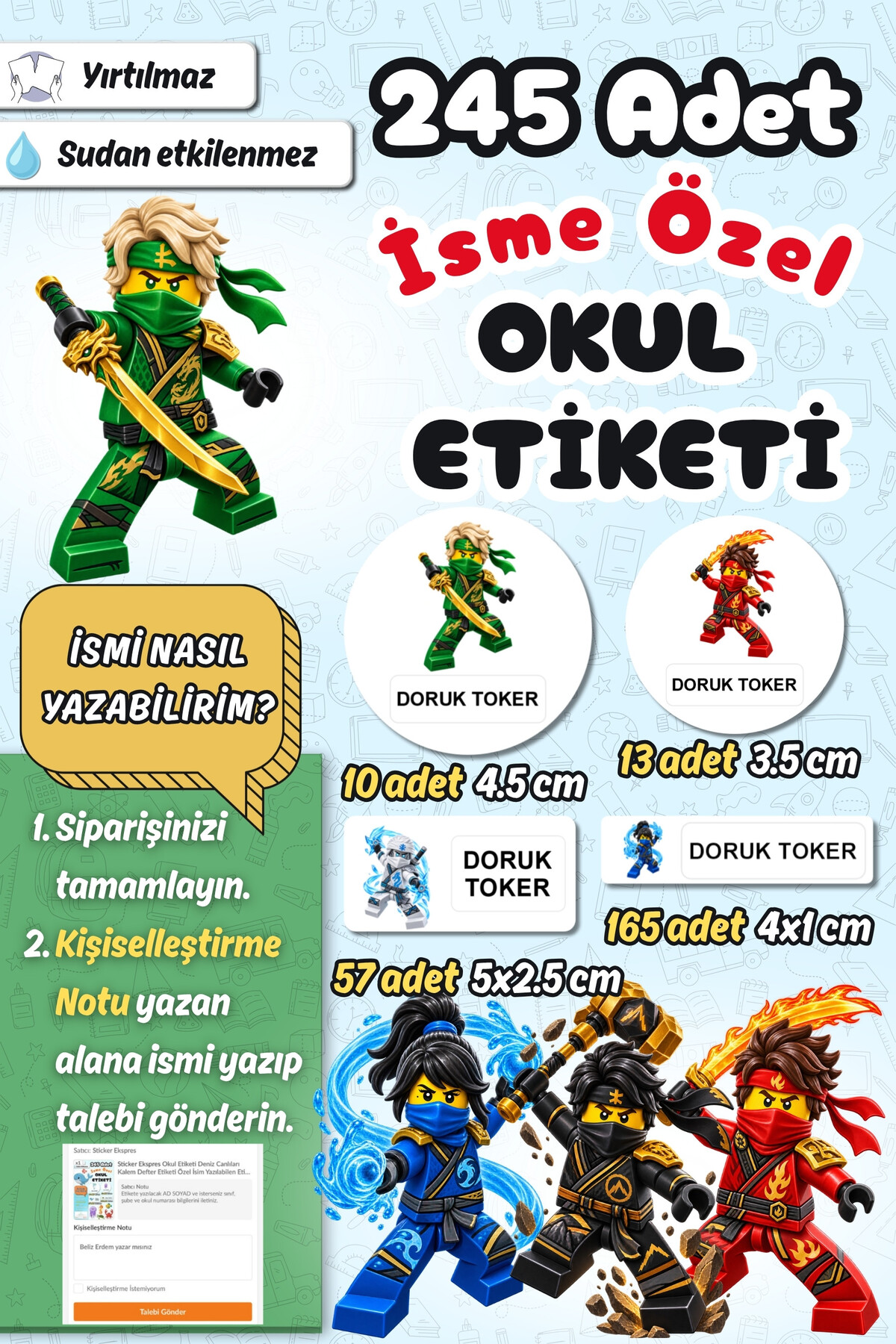 Sticker Ekspres Okul Etiketi Ninjago Lego Kalem Defter Etiketi