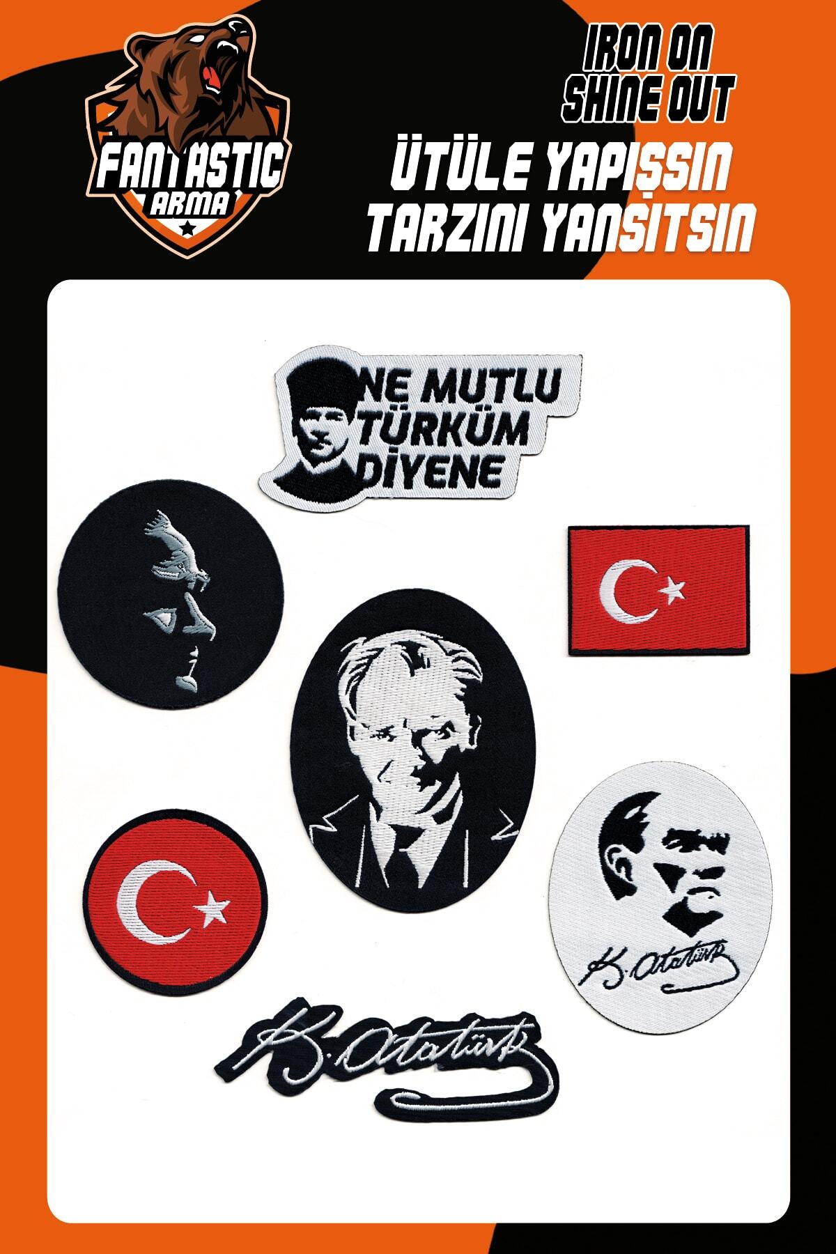 FANTASTIC ARMA Ütü Ile Yapışan Dokuma Arma Seti Patch Atatürk, Türk Bayrağı, Ne Mutlu Türküm Diyene Modeli