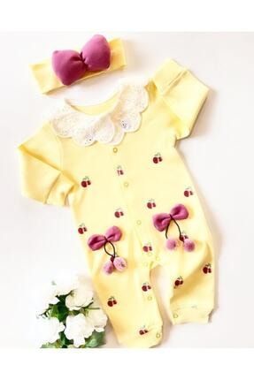 Yeni Sezon Kız Bebek Sarı Kiraz Bandanalı Tulum Seti 3651428