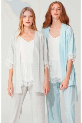 Kadın Mavi Sabahlıklı Pijama Takımı - 3724 FE3724-MAVI-XL