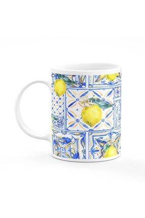 Mavi Çini Limon Desenli Baskılı Kupa Bardak KUPA0830