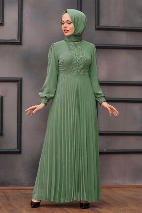 - Piliseli Çağla Yeşili Tesettür Elbise 30060cy OZD-30060
