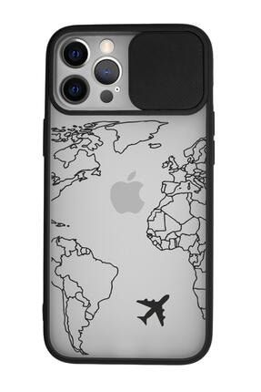 Iphone 12 Pro Uyumlu World Map Lines Kamera Koruma Sürgülü Kapaklı Telefon Kılıfı MCKK12P031367