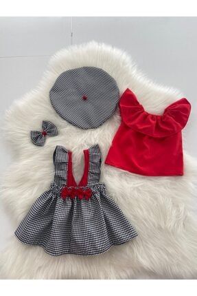 Kız Bebek Kaz Ayağı Desen Salopet Bluz Şapka & Bandana Set kazayağıbluz