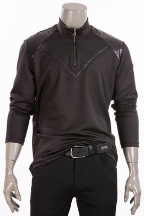 Siyah Deri Detaylı Fermuarlı Sweatshirt S-90839 01